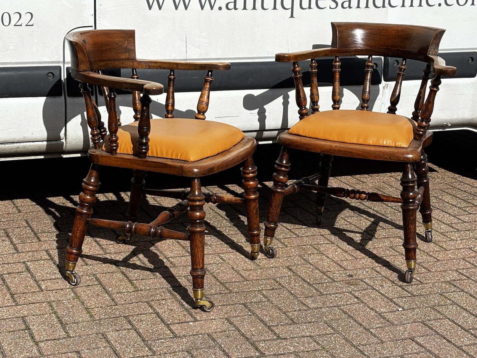 Victorian Pair Of Library Armchairs, On Brass Castors, Good Quality Examples. photo Furniture