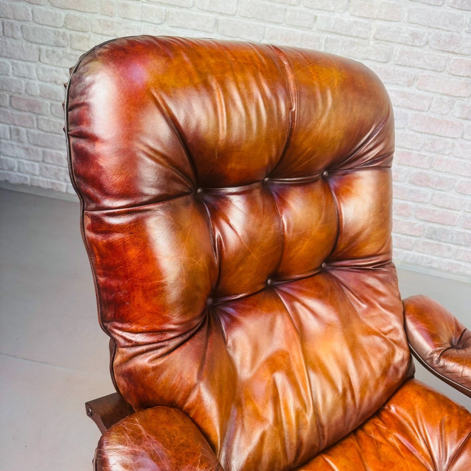 photo for sale Pair Of Vintage Danish Tan Leather Swivel Chairs  Stylish