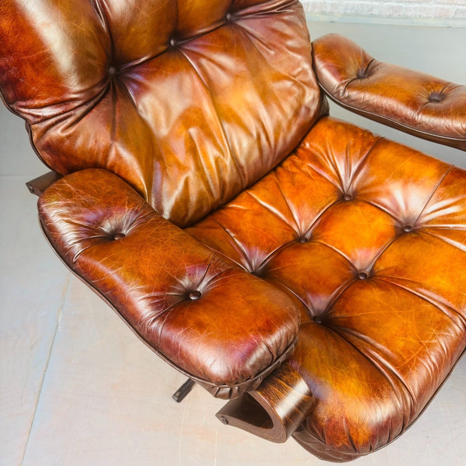 1403.0 Pair Of Vintage Danish Tan Leather Swivel Chairs  Stylish photo