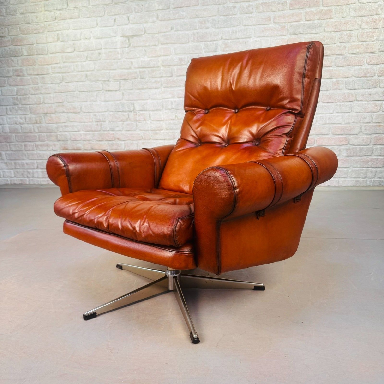 Mid Century Danish Leather Swivel Armchair – Hand Dyed Cognac Colour