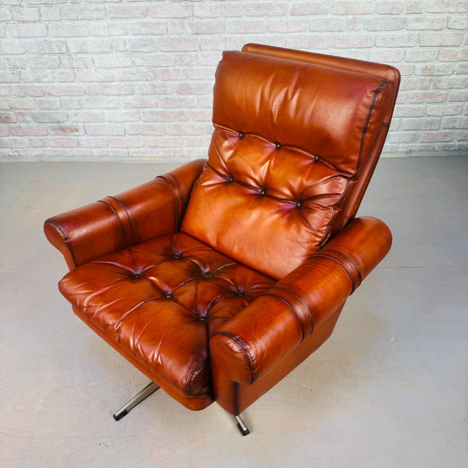 photo furniture Mid Century Danish Leather Swivel Armchair – Hand Dyed Cognac Colour