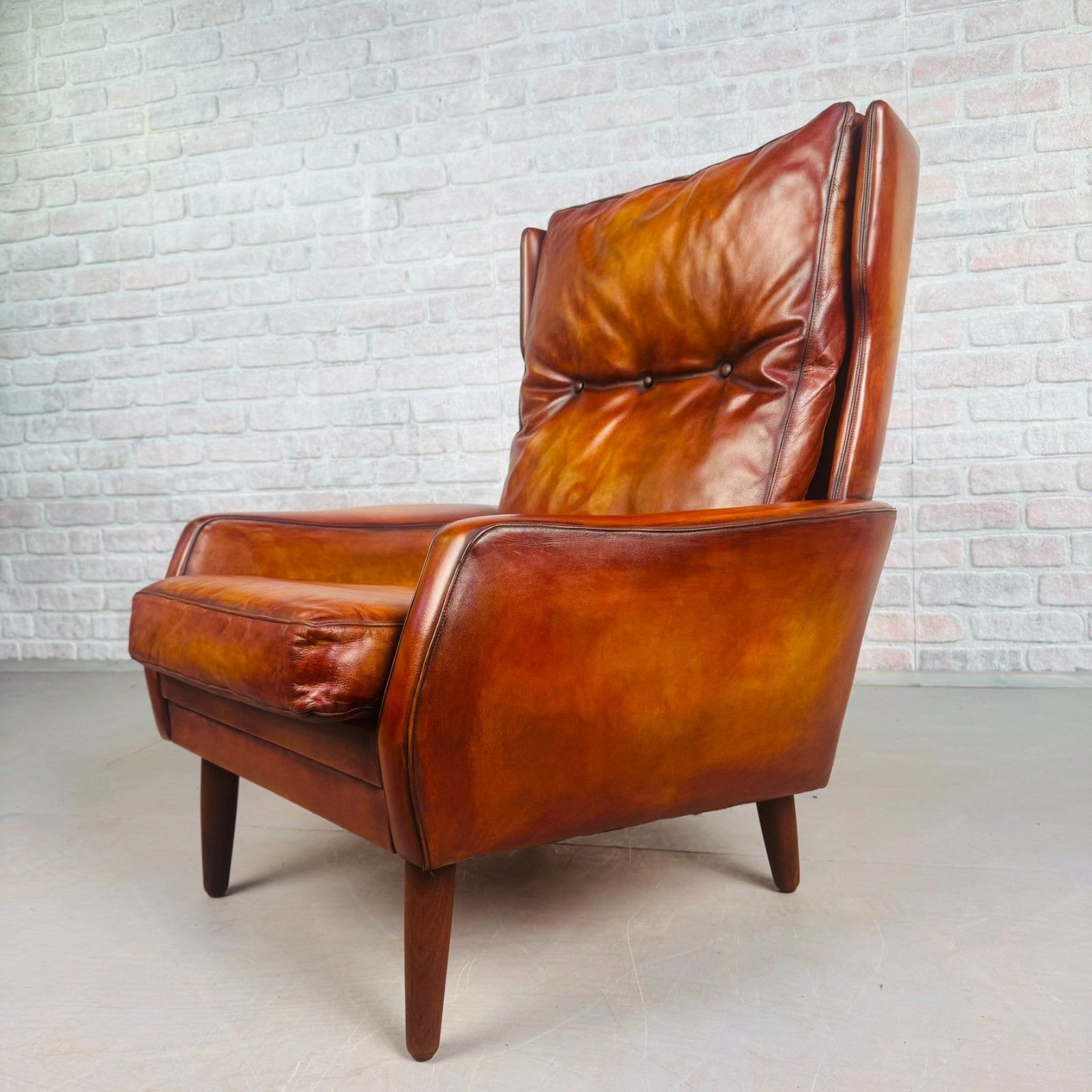 Vintage Danish Cognac Leather High Back Armchair By Skippers