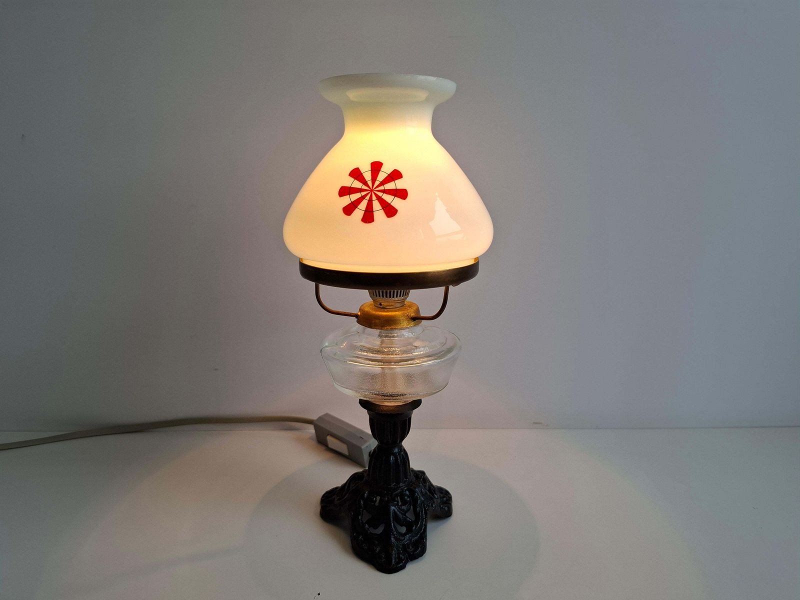 1960s Czechoslovakian Milk Glass Oil Lamp Style Table Lamp photo buy