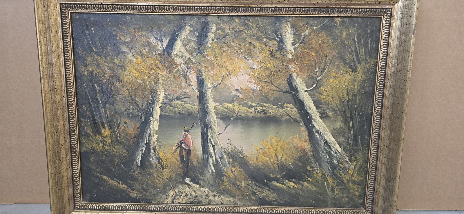 Dipinto D’atmosfera "Paesaggio Autunnale" – Vintage Anni '70 Con Cornice Dorata photo Art