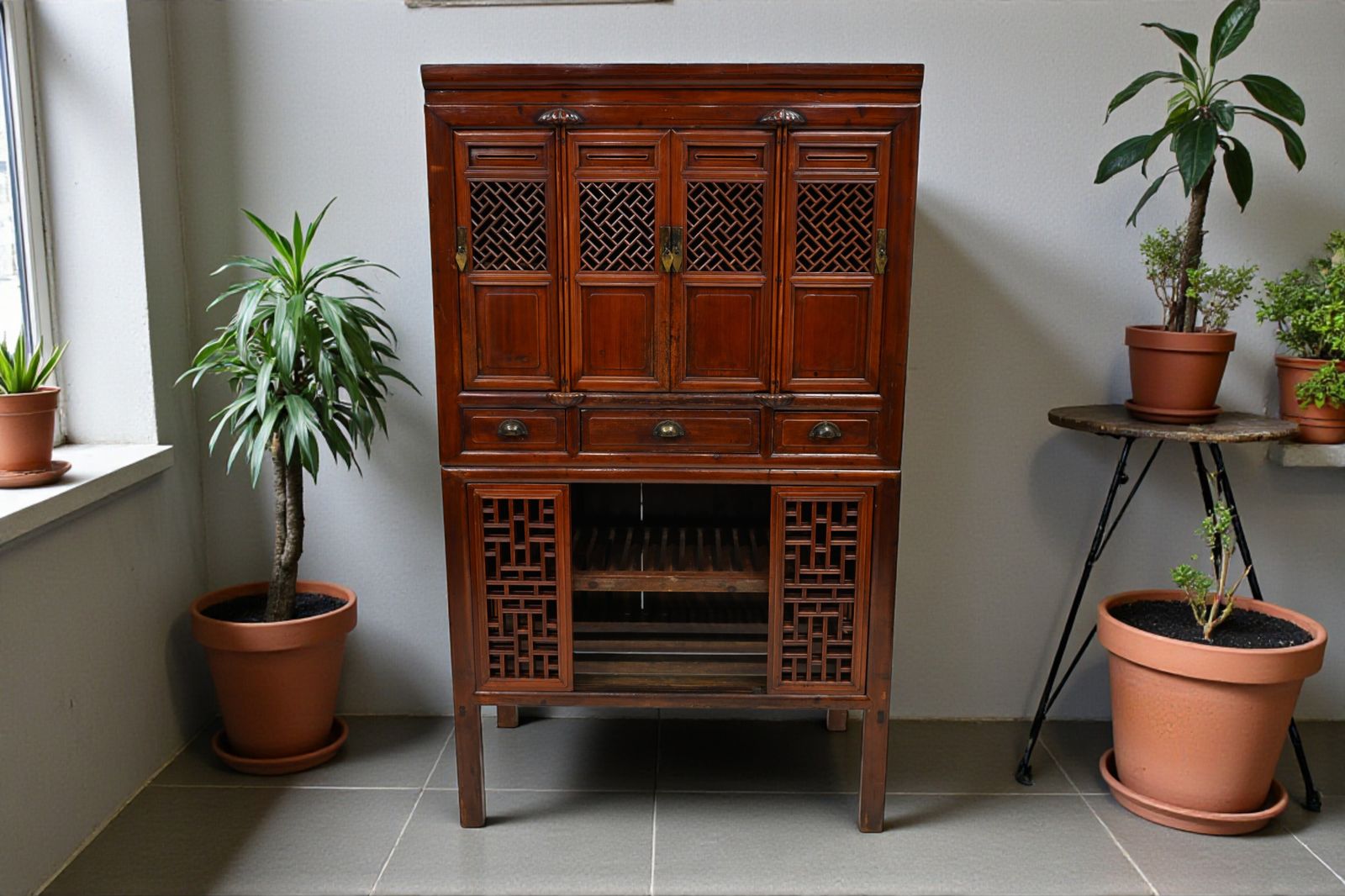 photo furniture Antique Chinese Lattice Kitchen Cabinet Lower Chicken Coop Red Free Uk Delivery*