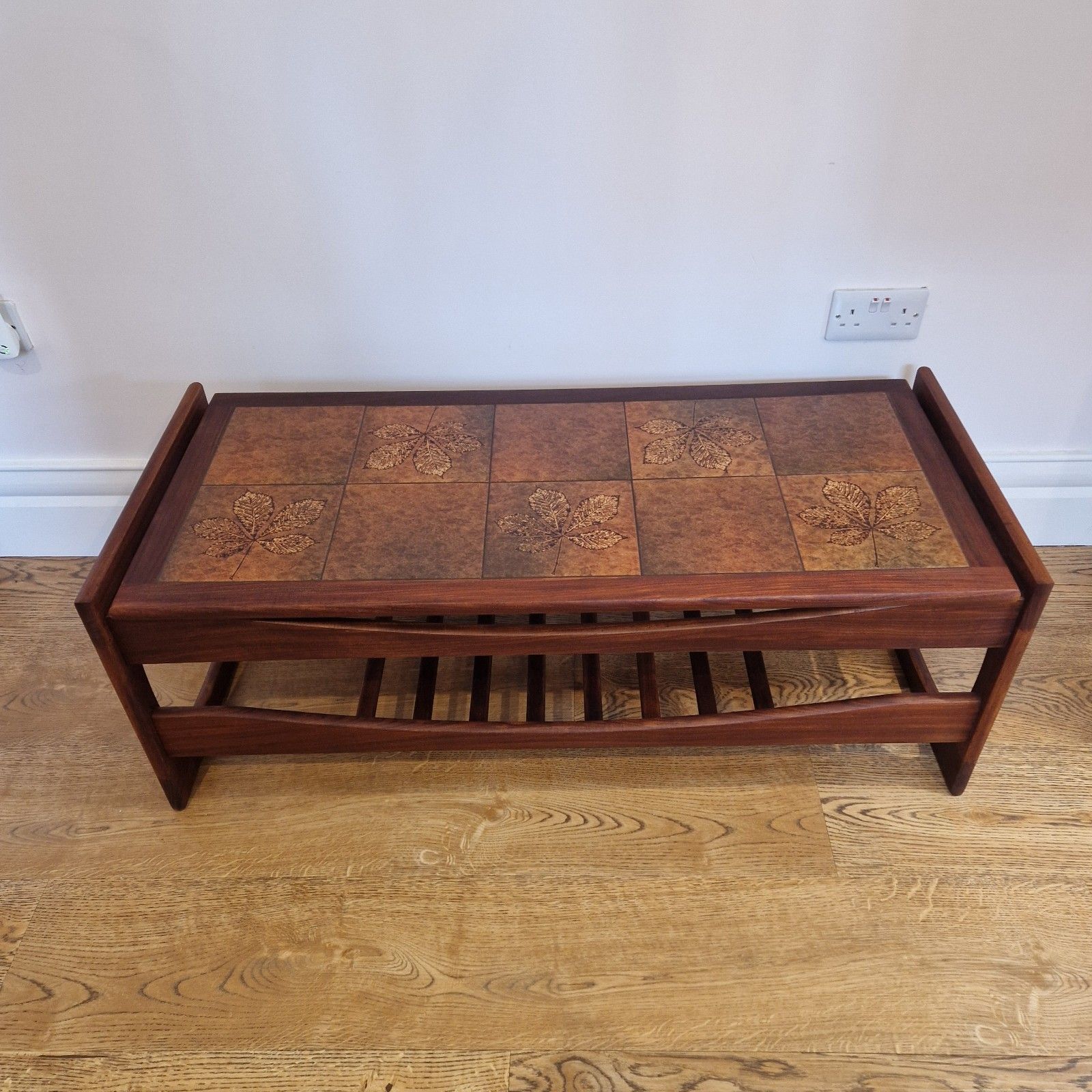 Mid Century Solid Teak Coffee Table With Tiled Leaf Design And Slatted Shelf