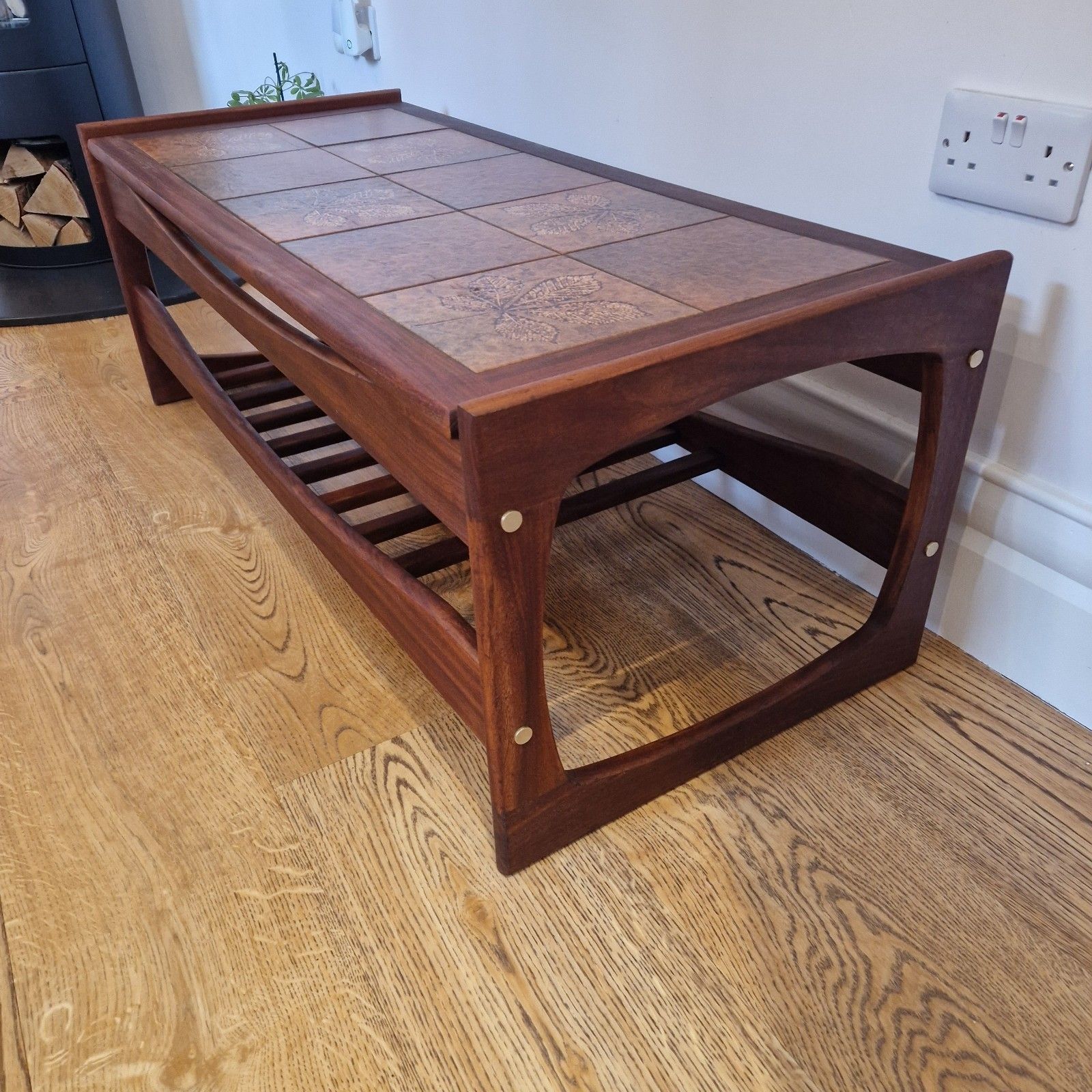 Mid Century Solid Teak Coffee Table With Tiled Leaf Design And Slatted Shelf photo furniture