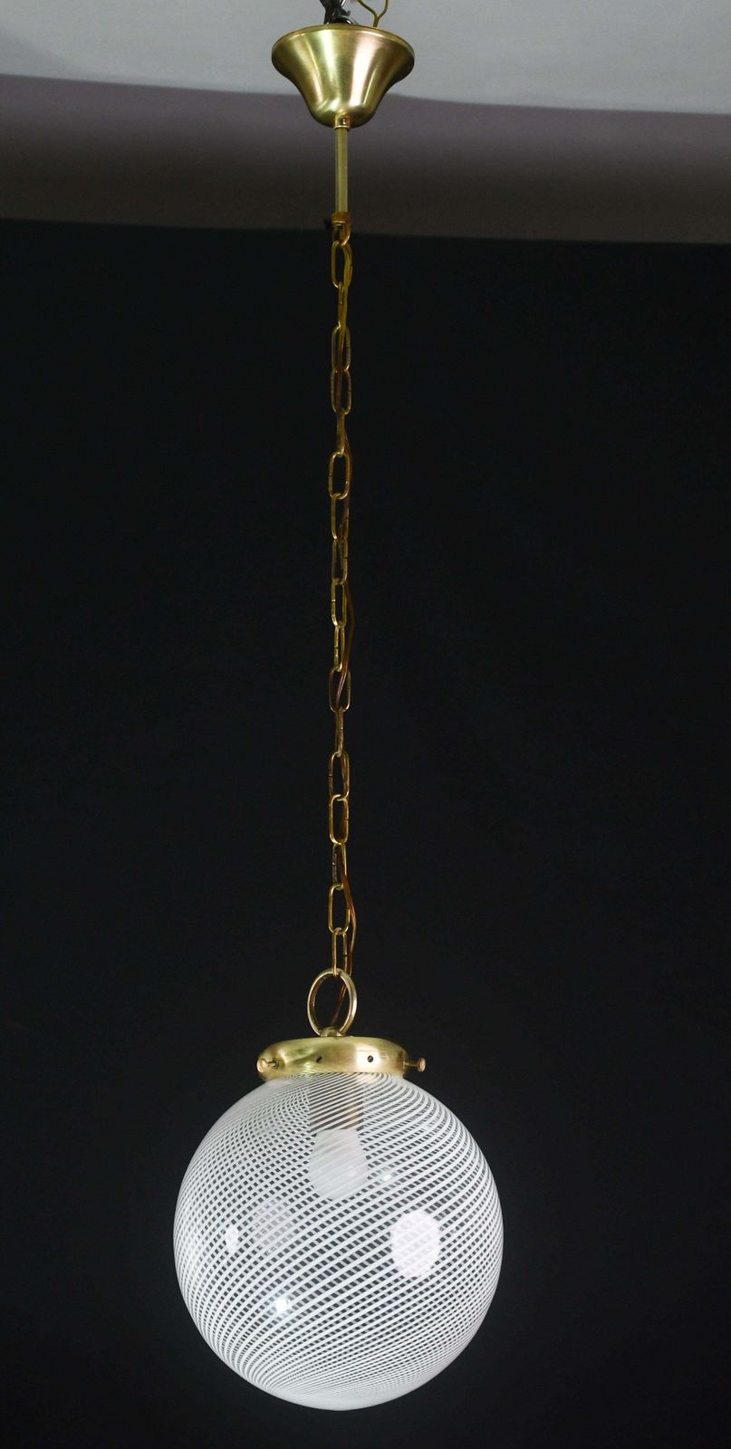 photo for sale Italian Mid Century Pendant Light With Optic Spiral Glass Globe And Restore Bras