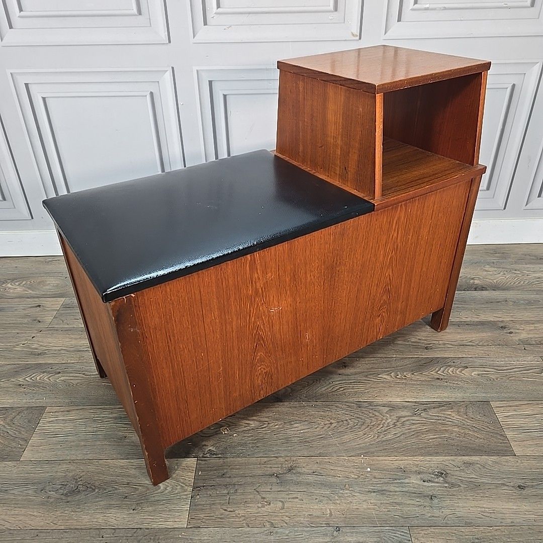 Mid Century Telephone Table Vintage Hall Bench Storage Seat Teak Effect Retro