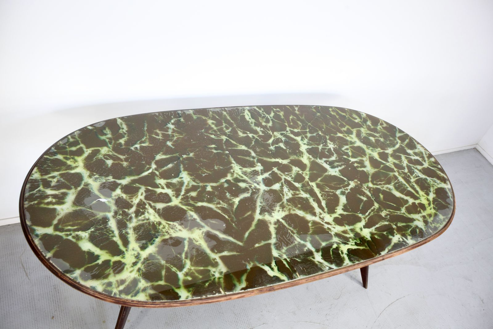 photo furniture Midcentury Italian Oblong Marble Effect Table With Wood Base.