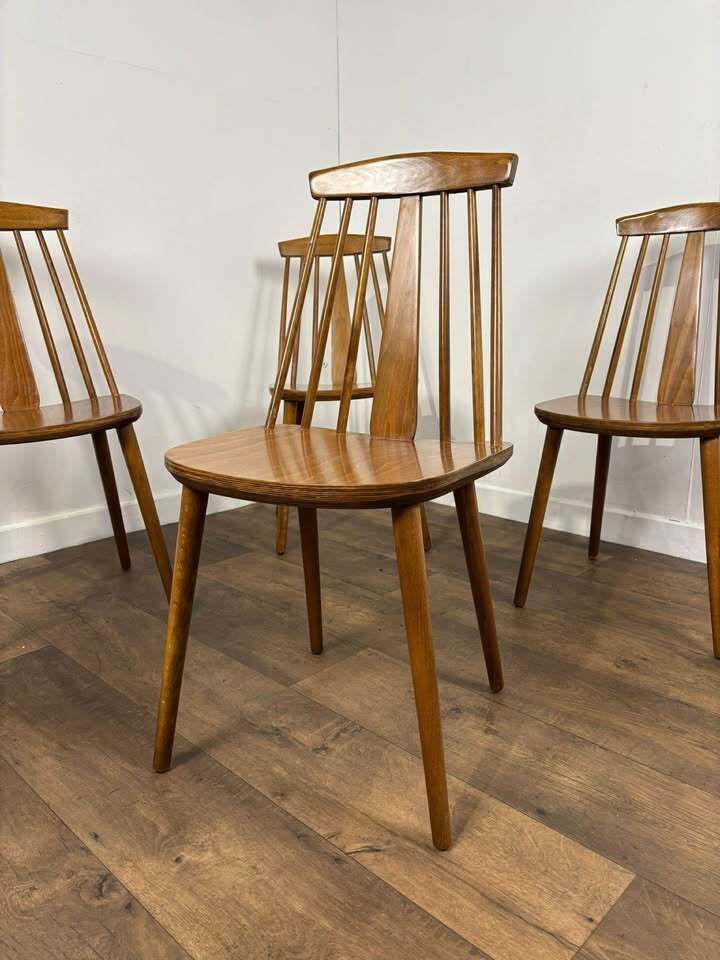 Set Of Four Rodanski Mid Century Danish Style Stick Back Dining Chairs photo buy
