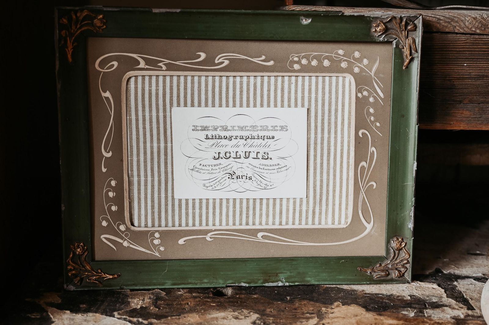 Framed 1878 Lithographic Business Card   J. Cluis Paris Printer With Art Nouveau Matting photo furniture