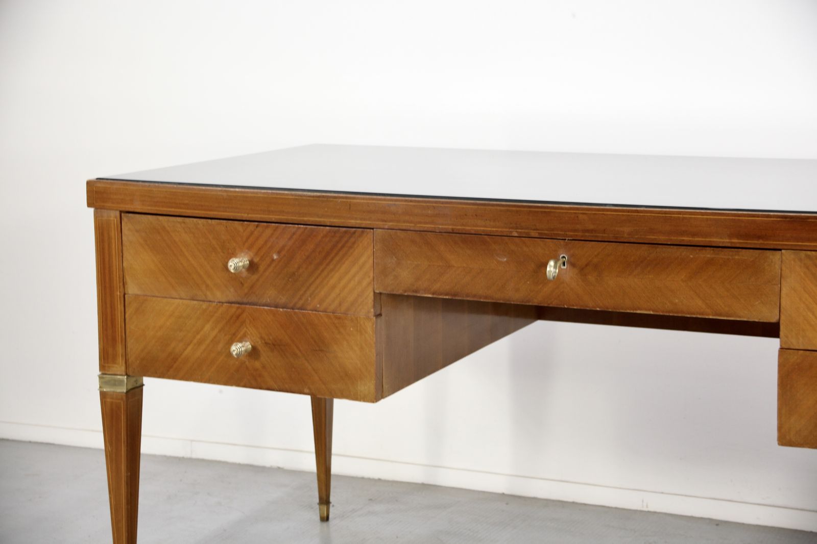 Midcentury Italian Desk In Walnut, Brass And Glass. photo furniture