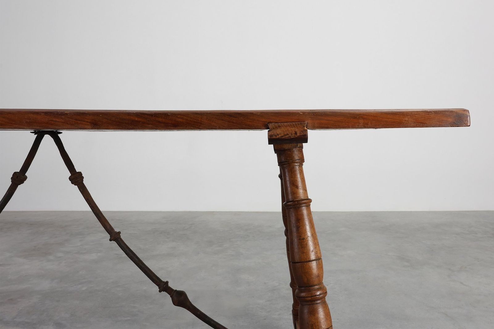 Antique Spanish Walnut Trestle Table With Iron Stretcher, 1700s photo for sale