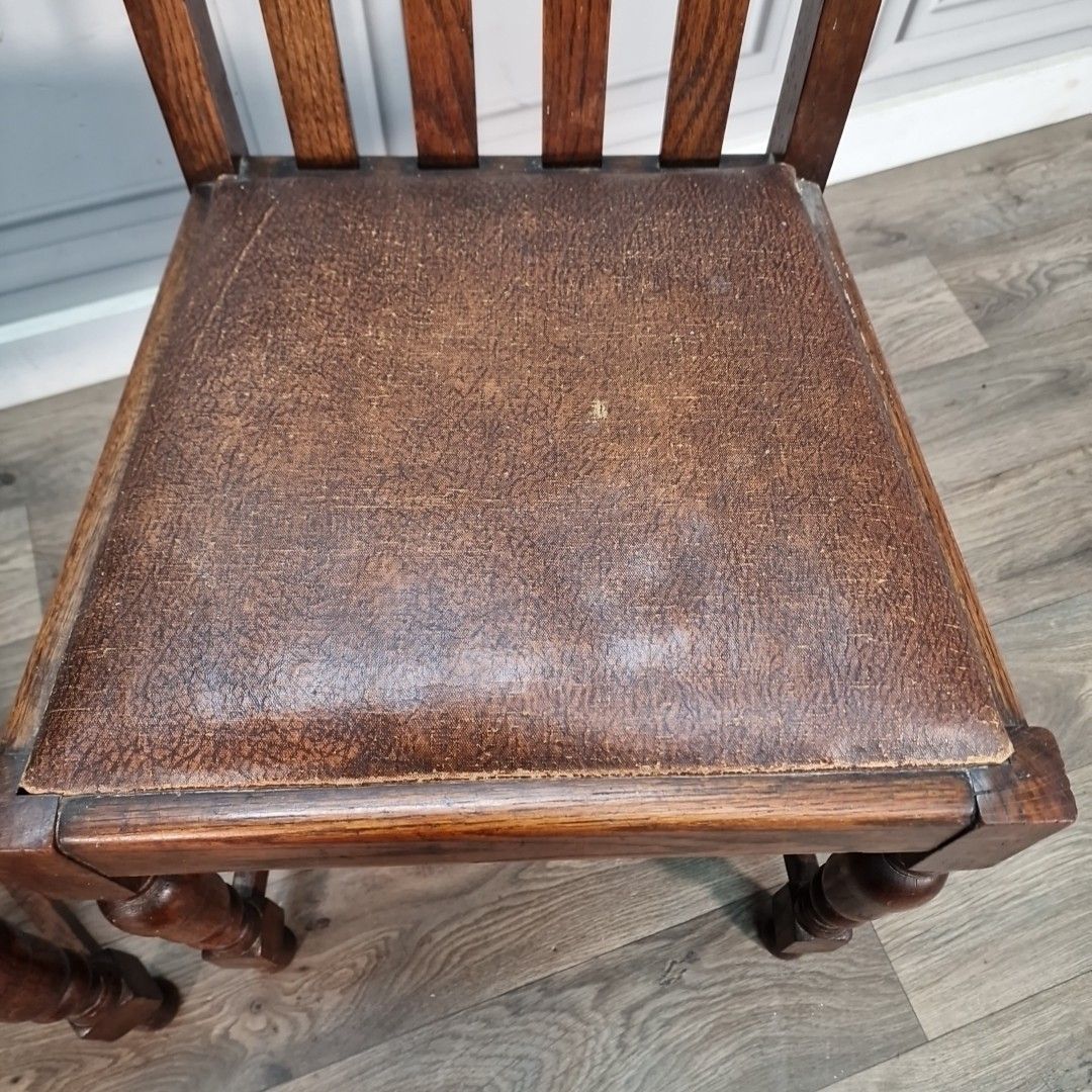 Antique Oak Dining Chairs Slat Back Leather Effect Seats Pair Vintage Seats photo buy