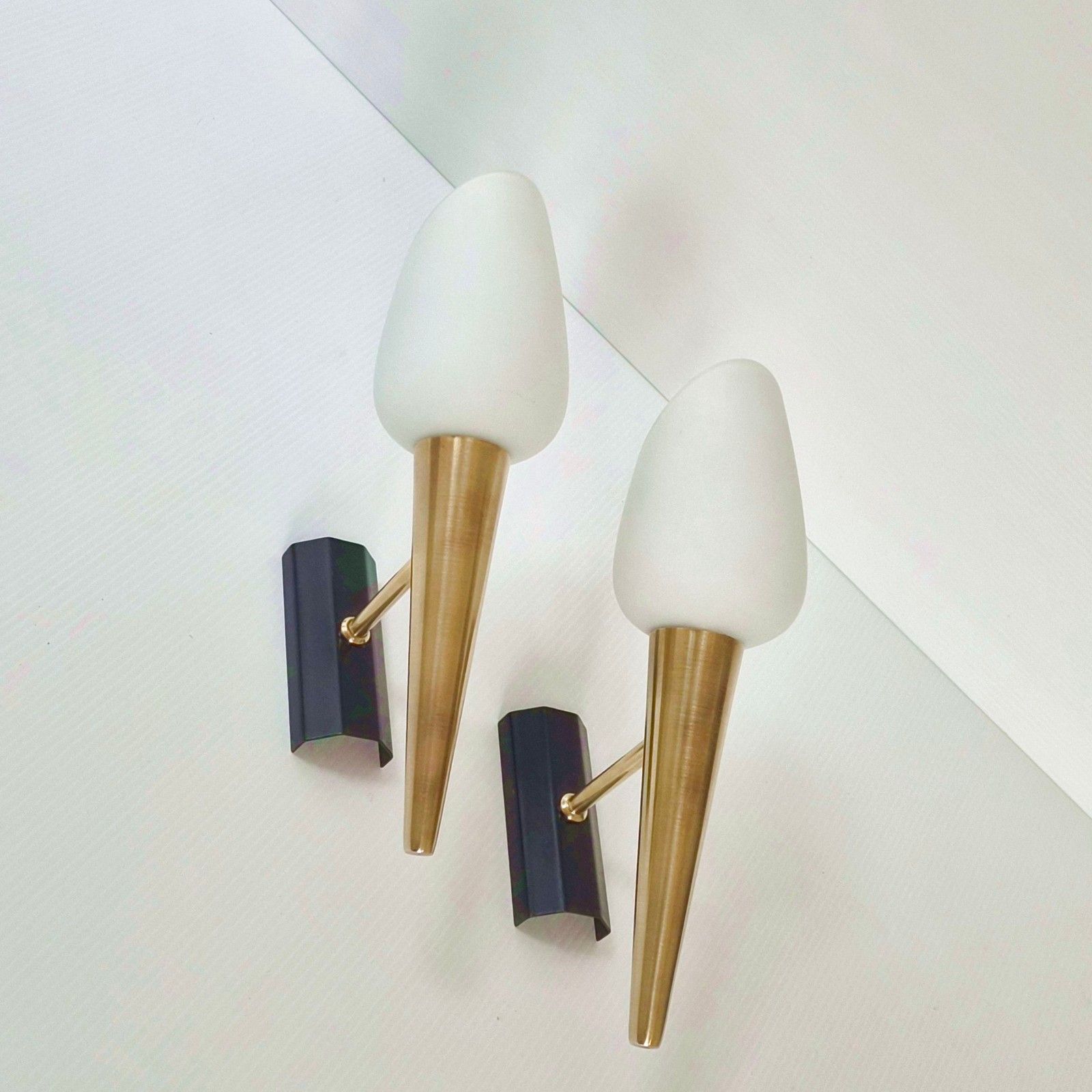 Pair Of Vintage 1950 Brass Gold Metal Glass House Arlus Adjustable Sconces photo furniture