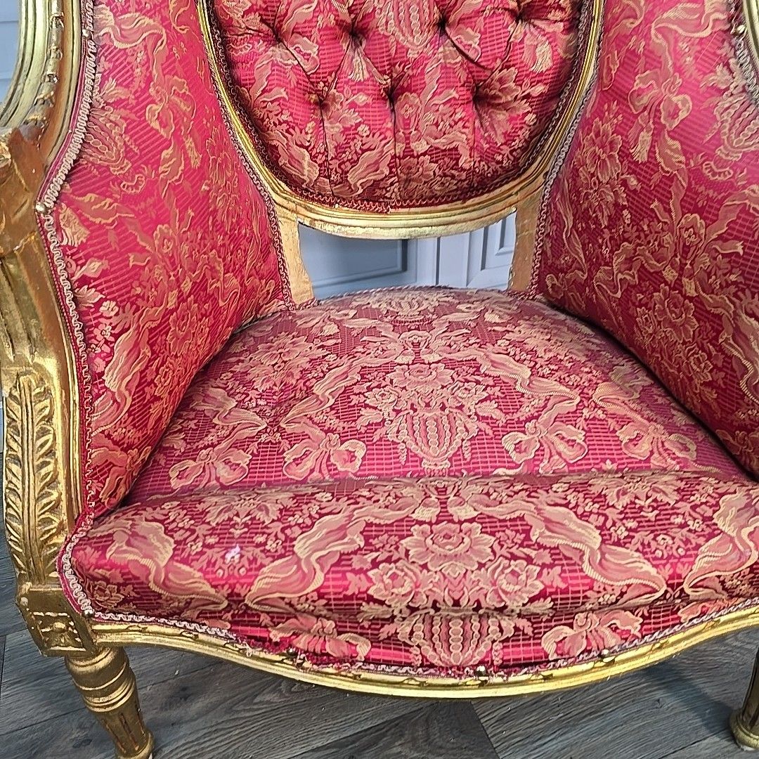 photo for sale Antique Gilt Armchairs Button Back French Louis Belle époque Revival Chairs