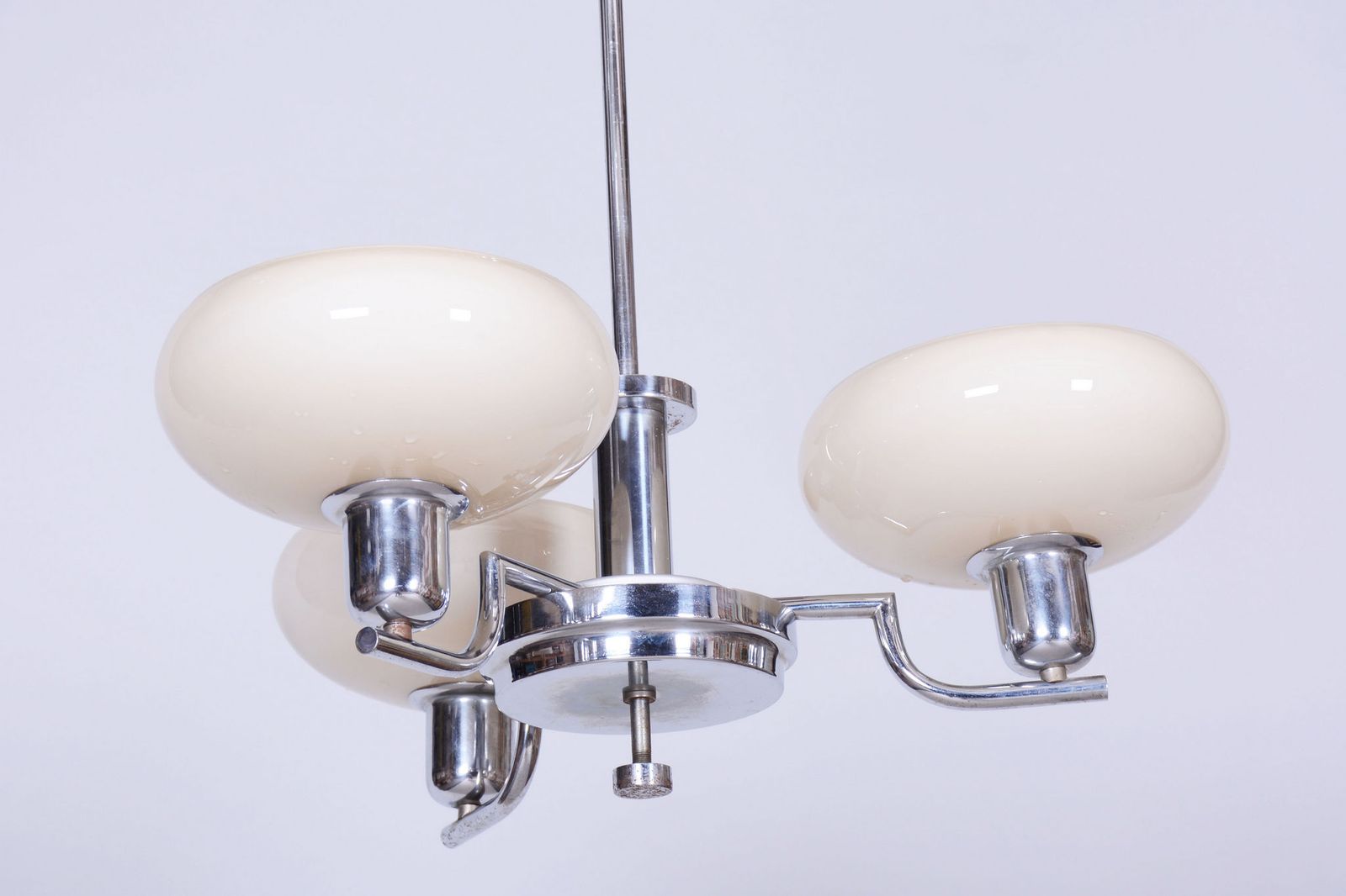 Restored Bauhaus Chandelier, Chrome Plated Steel, Opaline Glass, Czech, 1930s photo furniture