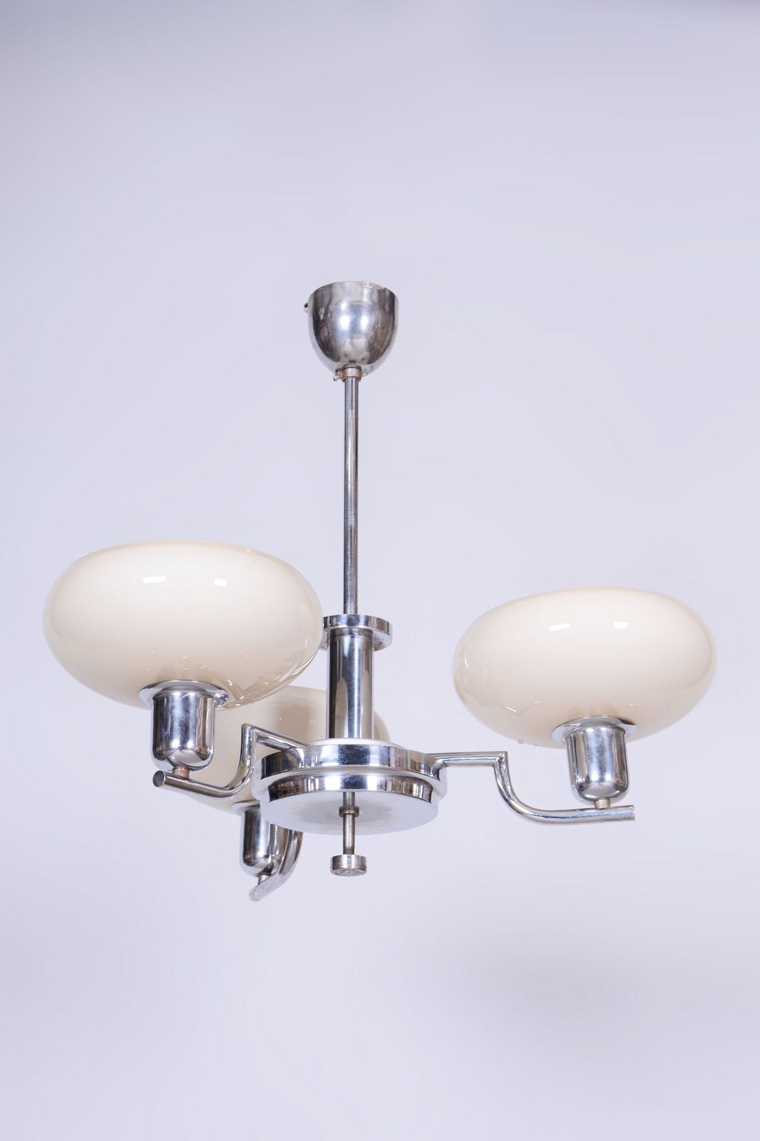 Restored Bauhaus Chandelier, Chrome Plated Steel, Opaline Glass, Czech, 1930s photo Lighting