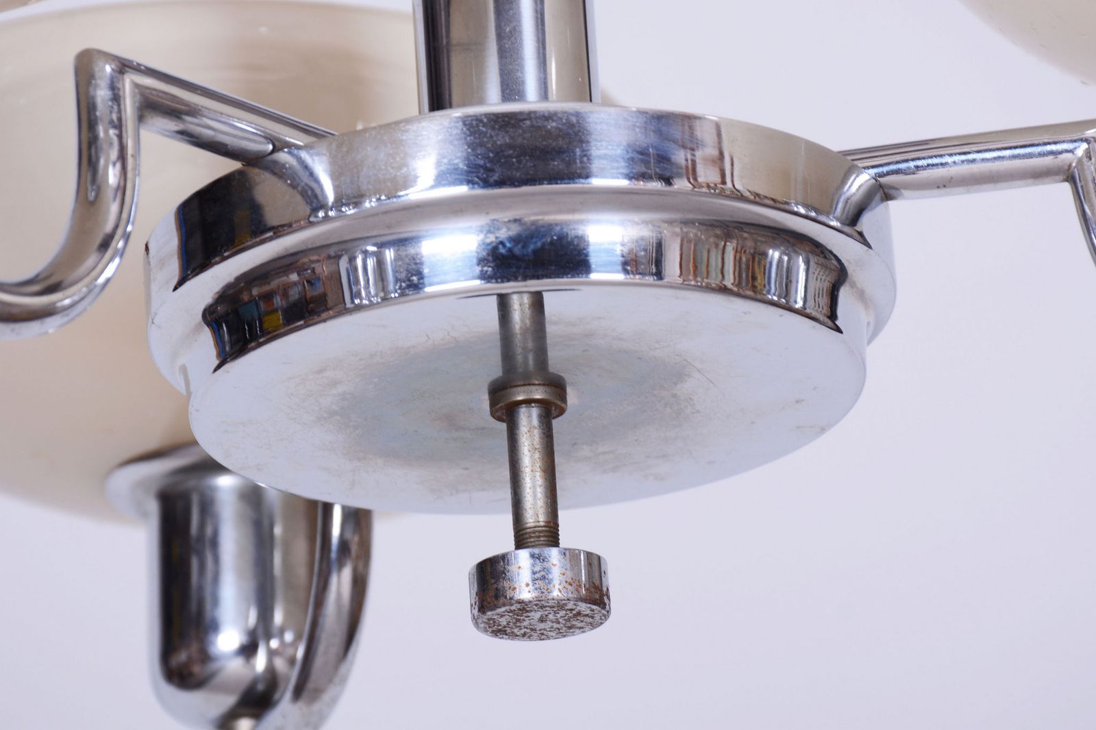 Restored Bauhaus Chandelier, Chrome Plated Steel, Opaline Glass, Czech, 1930s photo 800.0