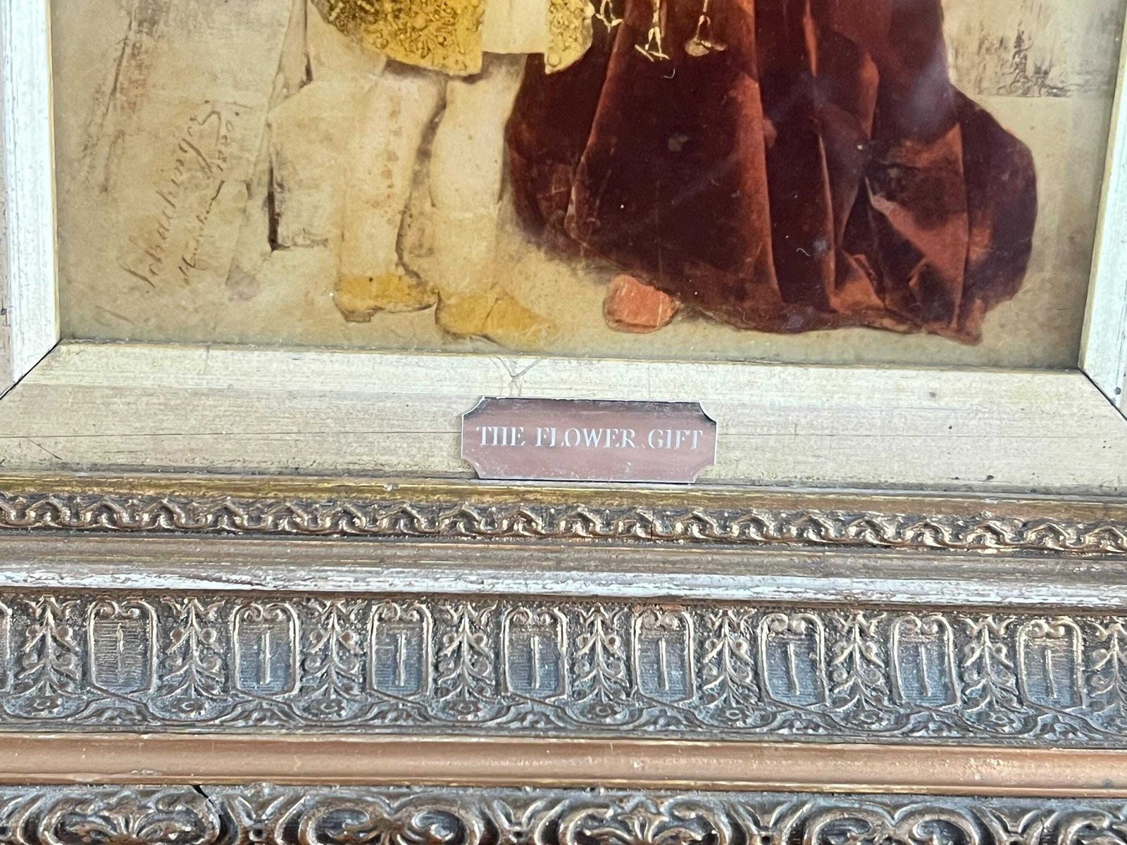 Art Antique 1880 Gabriel Schachinger Reverse Glass Painting "The Flower Gift" Ornate Gilded Victorian Frame   Munich School Period Fine Art photo