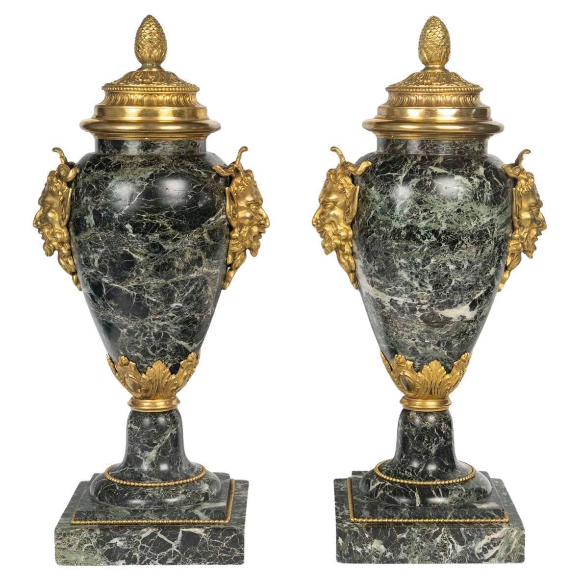 Pair Of Monumental Sea Green Marble And Gilded Bronze Cassolettes