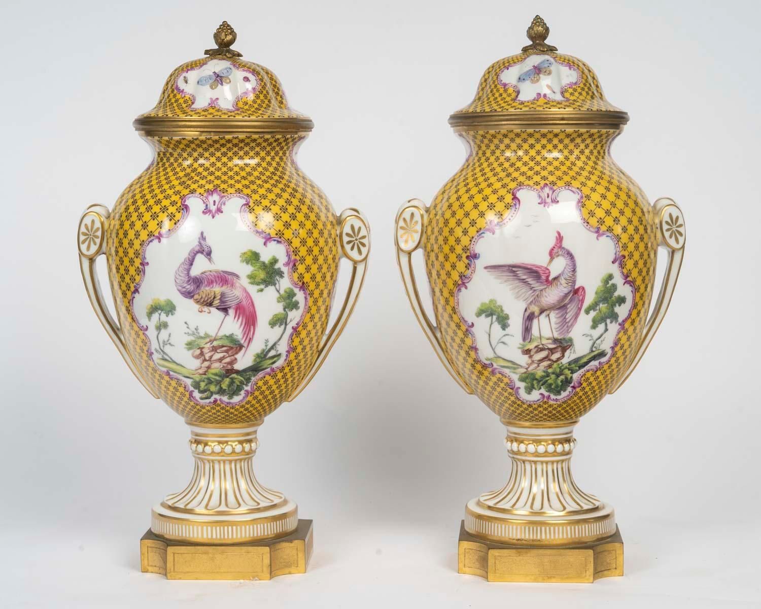Pair Of Louis XVI Style Porcelain And Gilded Bronze Covered Vases photo vintage