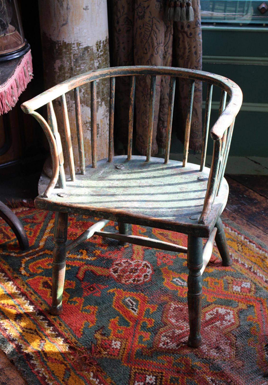 photo for sale Early 19th Century Welsh Stick Back Chair Original Green Paint Folk Art