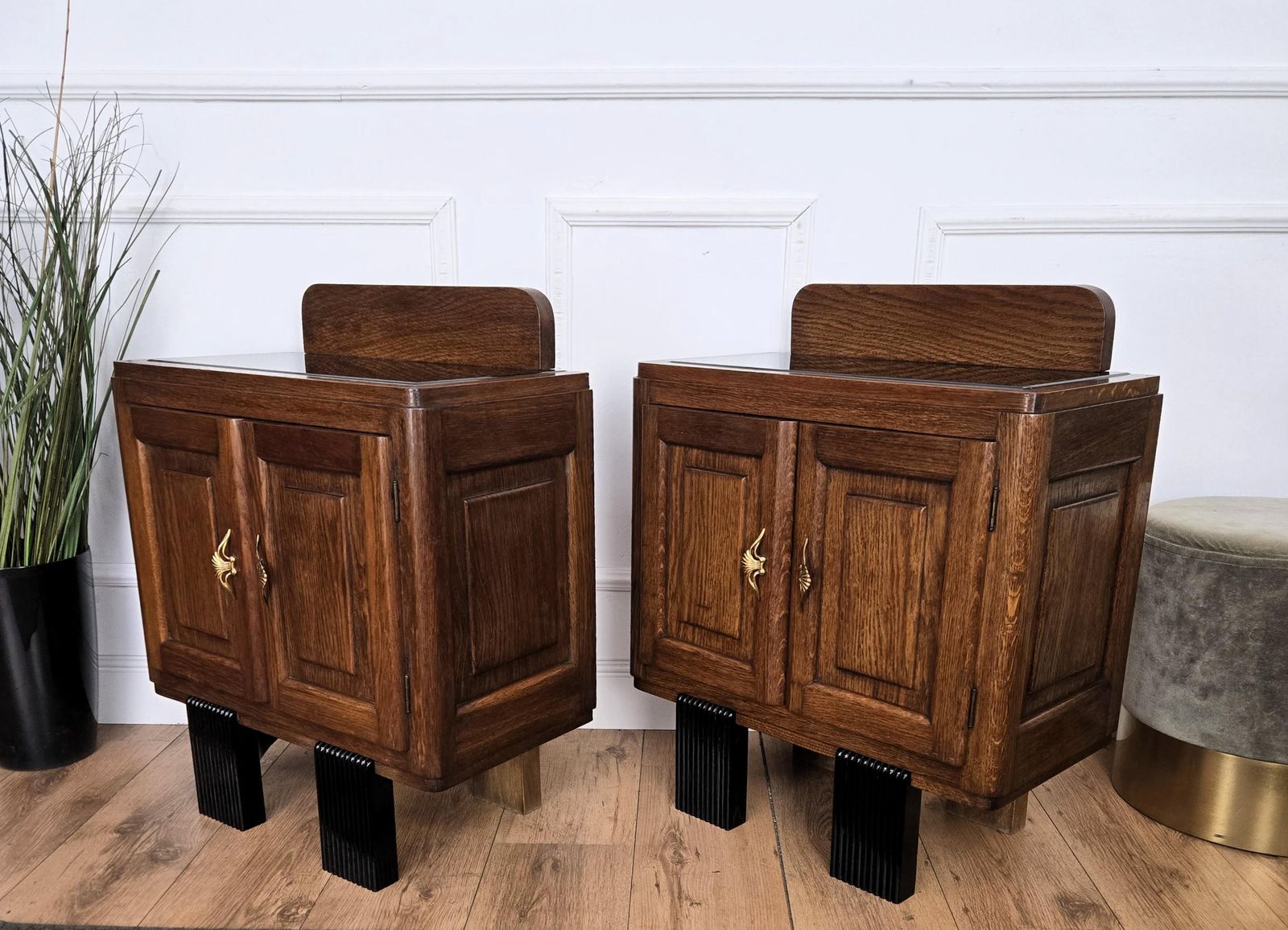 photo for sale Pair Of Italian Art Deco Night Stands Bed Side Tables In Burl Walnut