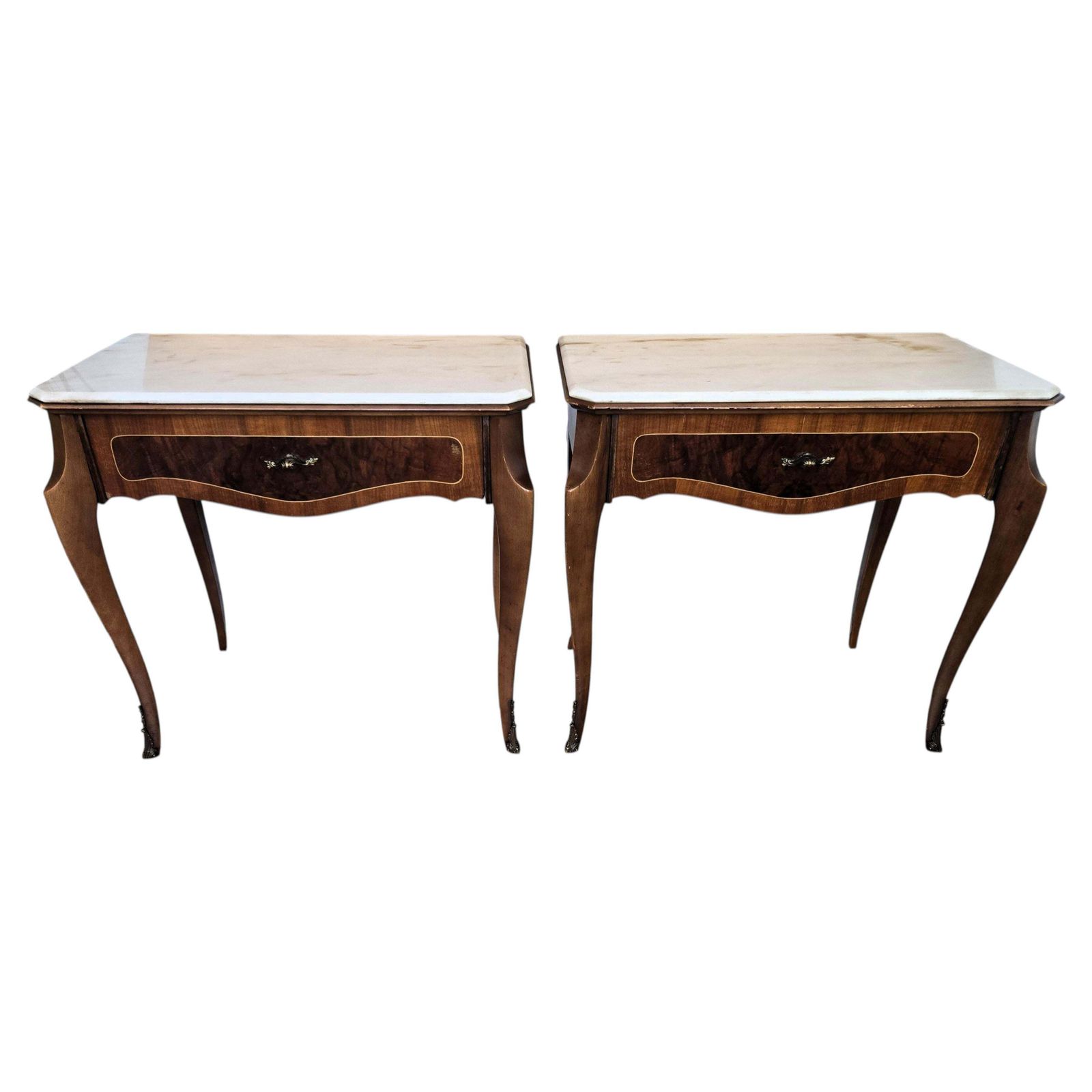 Pair Of Italian Mid Century Wood Marble Top Night Stands Bedside Tables