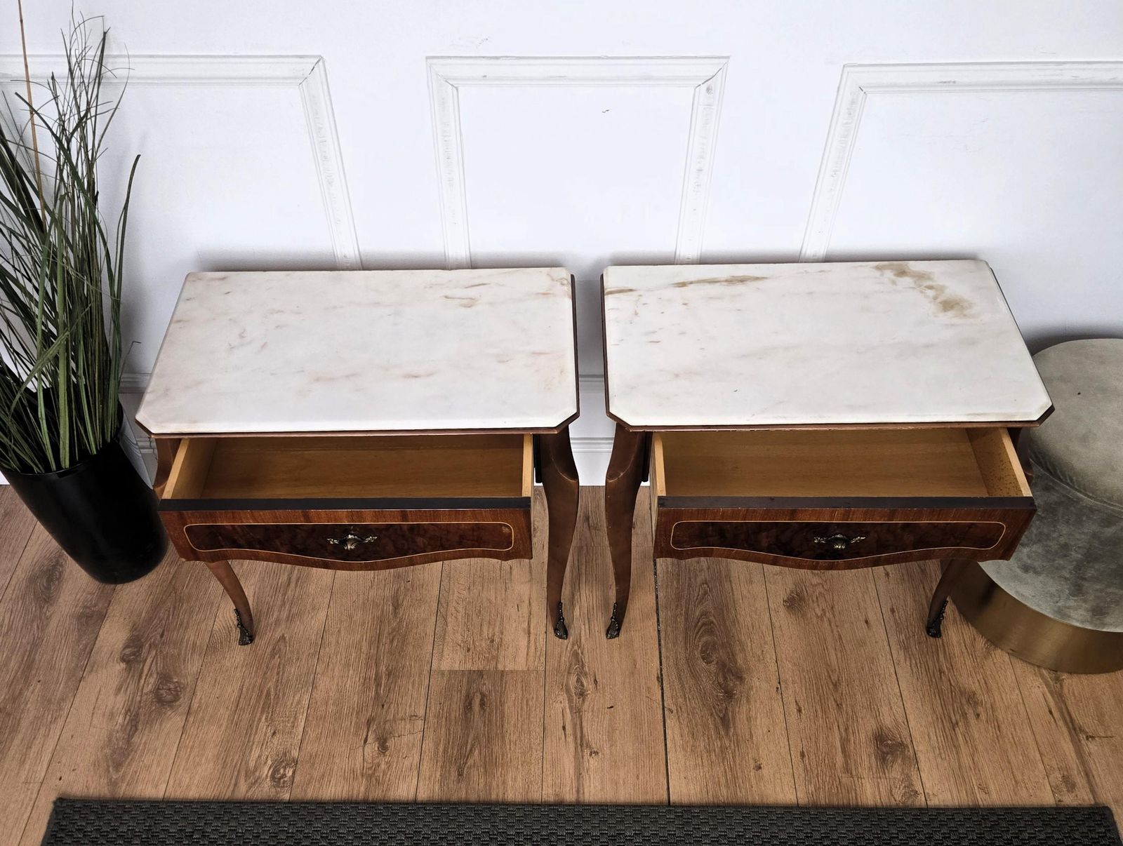 Pair Of Italian Mid Century Wood Marble Top Night Stands Bedside Tables photo vintage