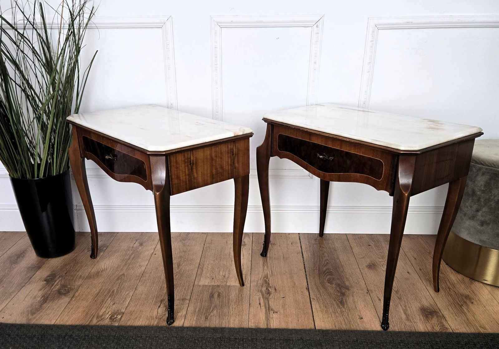 photo for sale Pair Of Italian Mid Century Wood Marble Top Night Stands Bedside Tables
