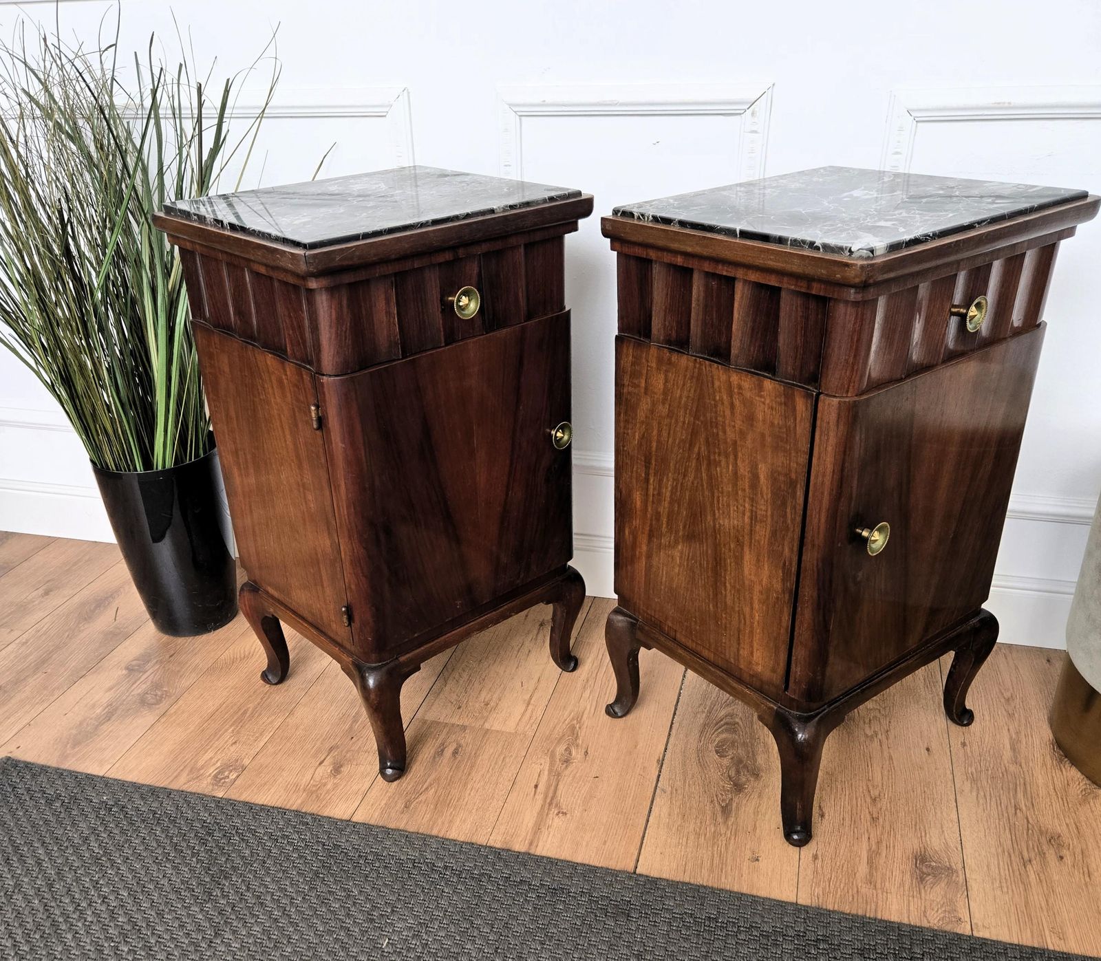 photo furniture Pair Of Italian Art Deco Night Stands Bed Tables In Walnut Portoro Marble