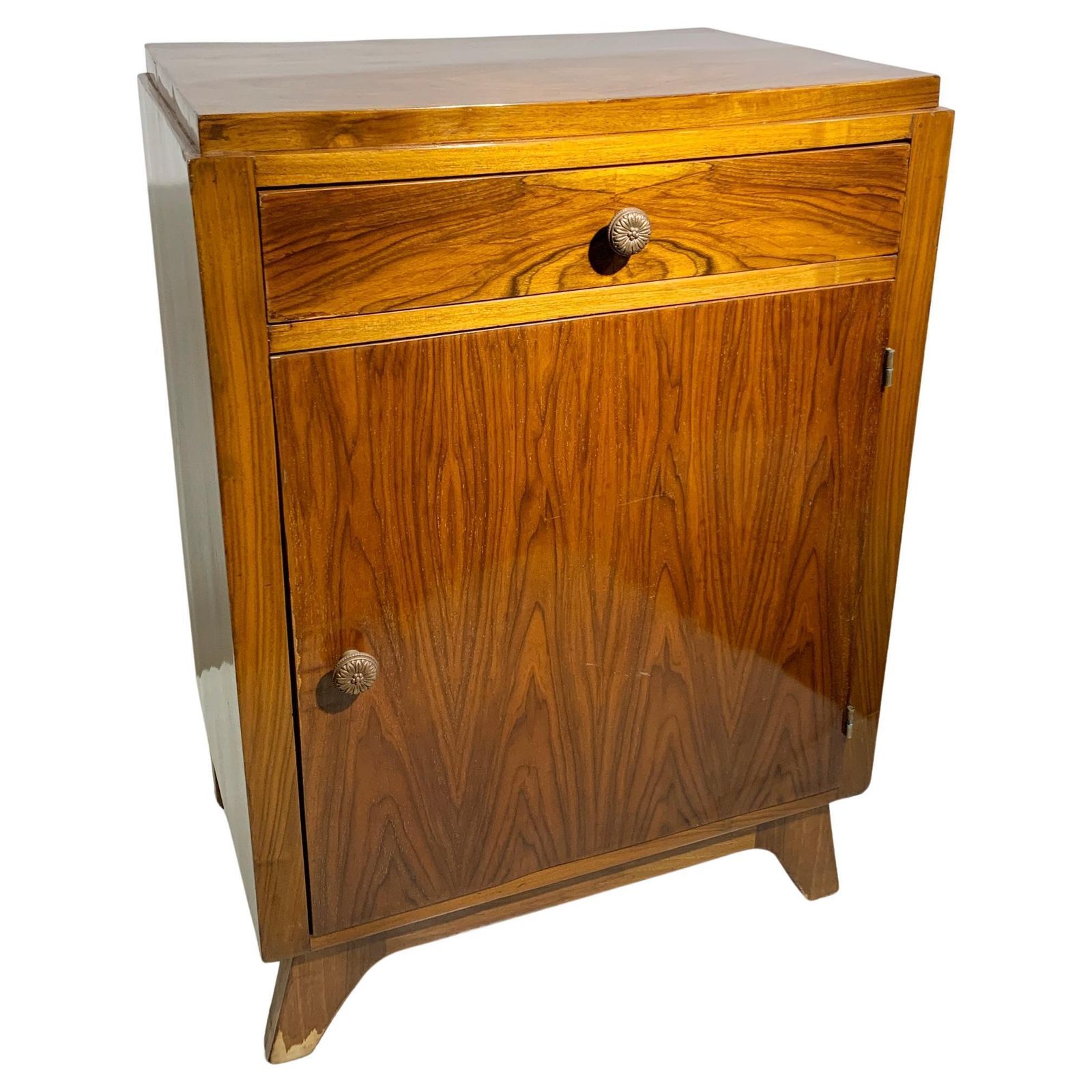 Art Deco Figured Walnut Veneer Bedside Cabinet /Nightstand, France, Circa 1940's
