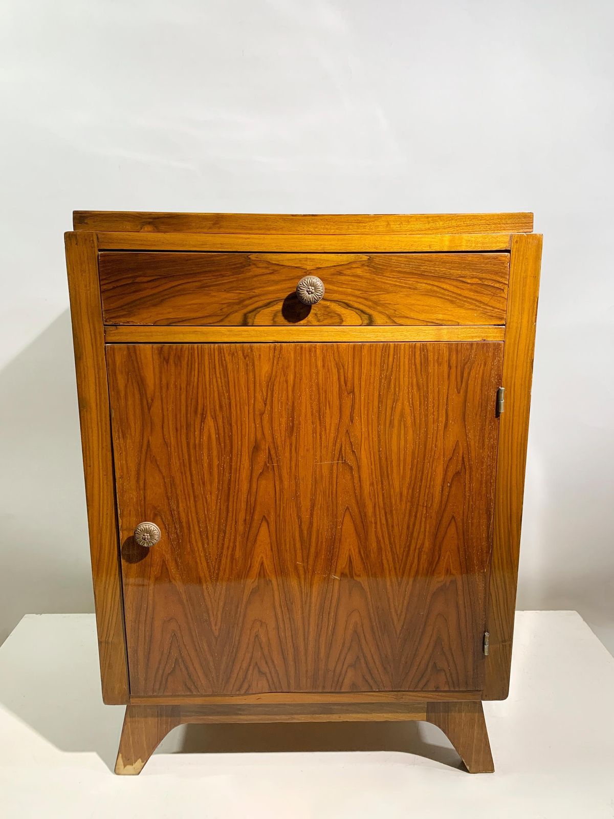 Art Deco Figured Walnut Veneer Bedside Cabinet /Nightstand, France, Circa 1940's photo Furniture
