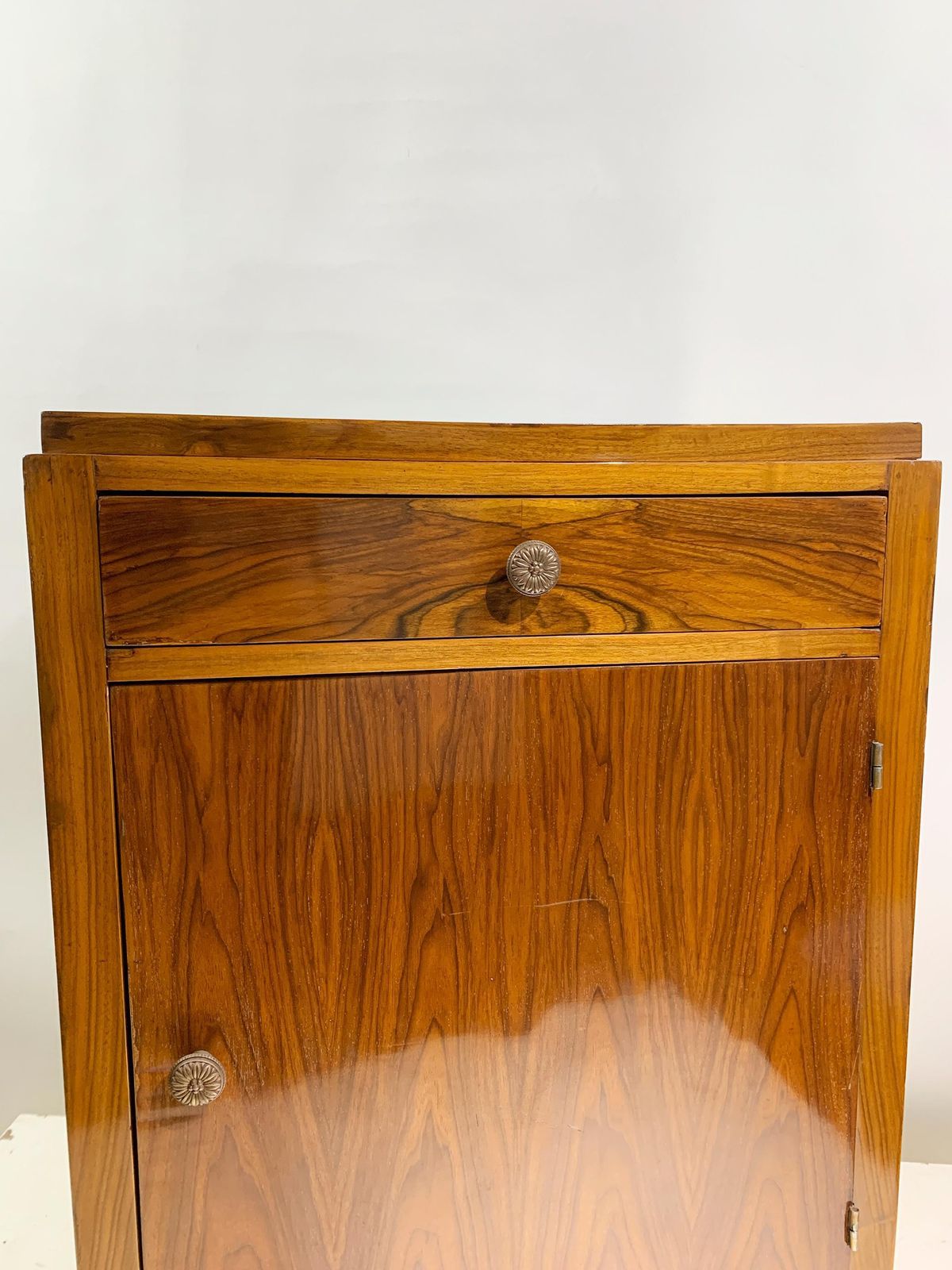 1207.0 Art Deco Figured Walnut Veneer Bedside Cabinet /Nightstand, France, Circa 1940's photo