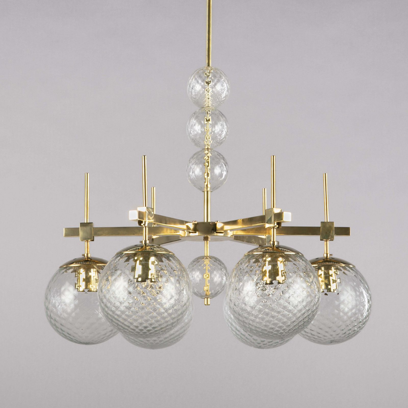 1970s Czech Brass And Textured Glass Chandelier, Bohemian photo for sale
