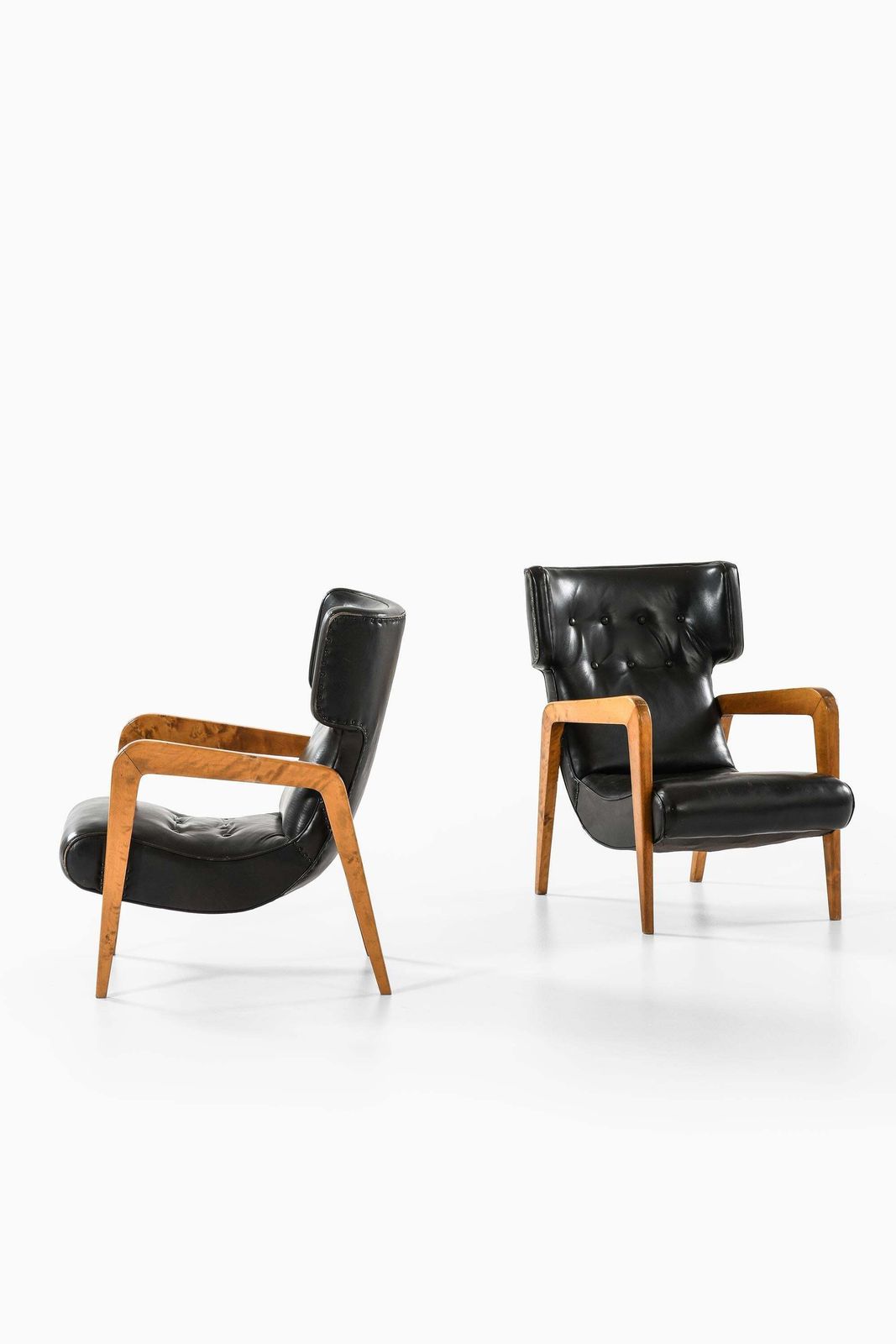 Set Of 2 Easy Chairs In Leather And Brich, 1950s photo buy