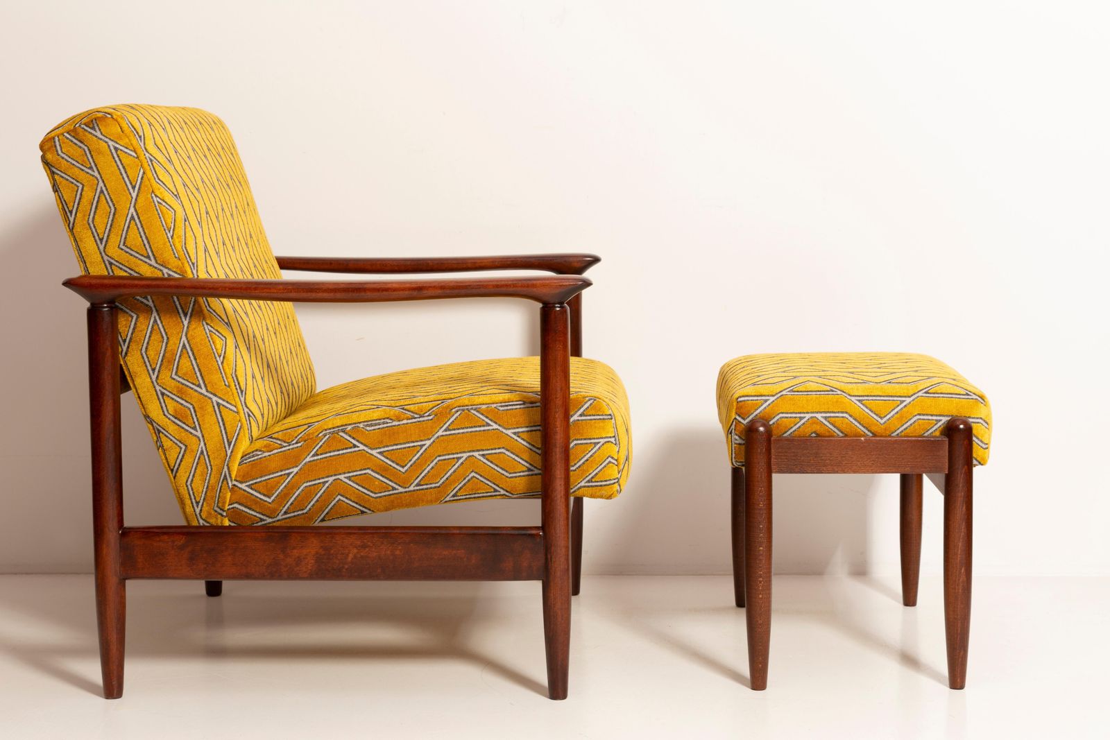 photo buy Pair Of Mid Century Yellow Jacquard Velvet Armchairs With Stool, 1960s