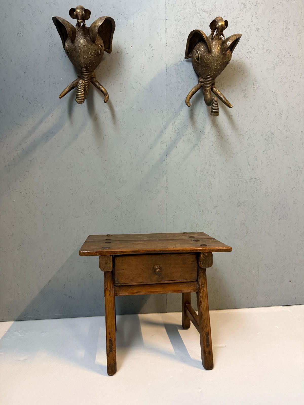 photo furniture Early Spanish Pine Side Table With Drawer, Primitive Rustic Table, 19th Century