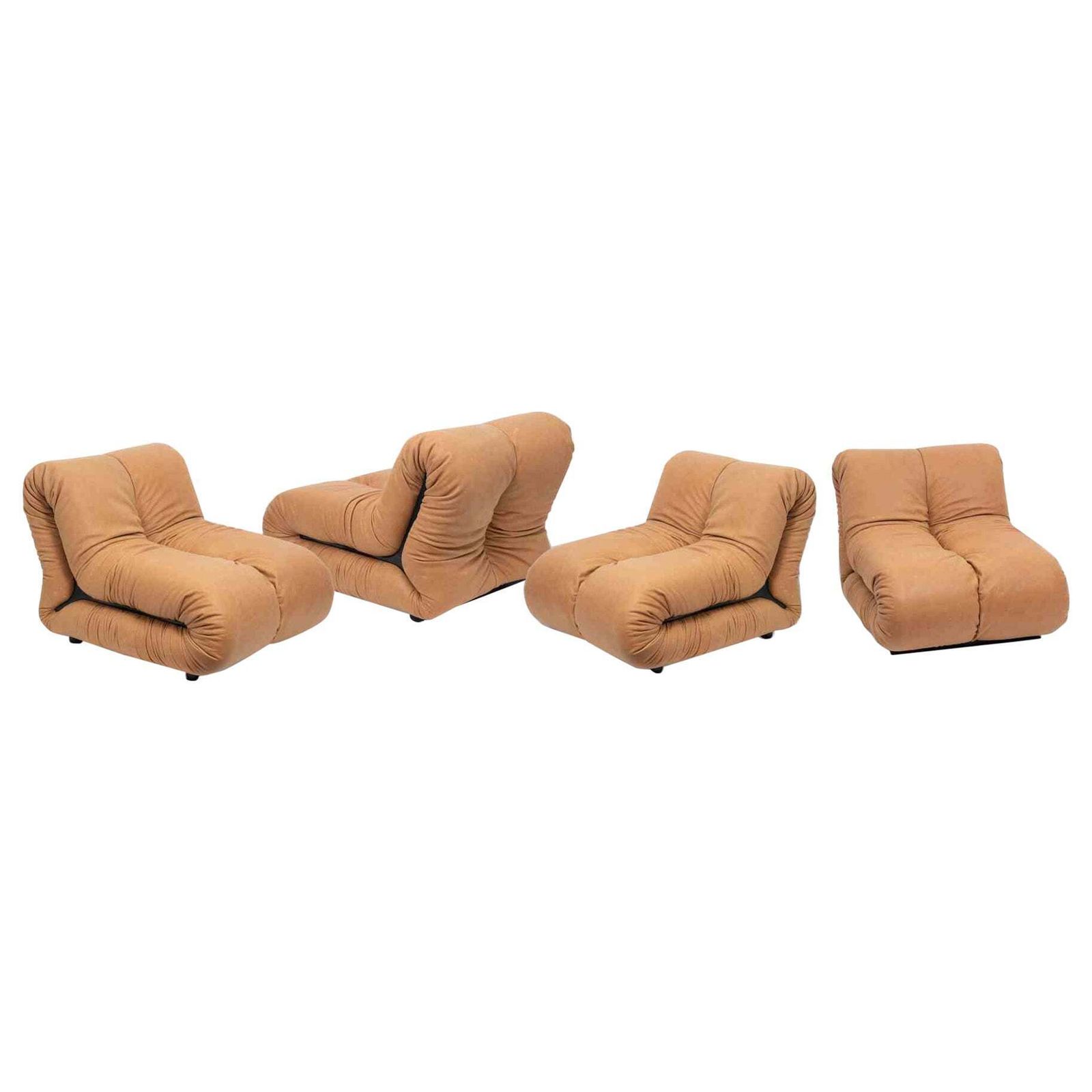Seat Of 4"Pagrù" Velvet Leather Armchairs By Claudio Vagnoni For P1, 1969