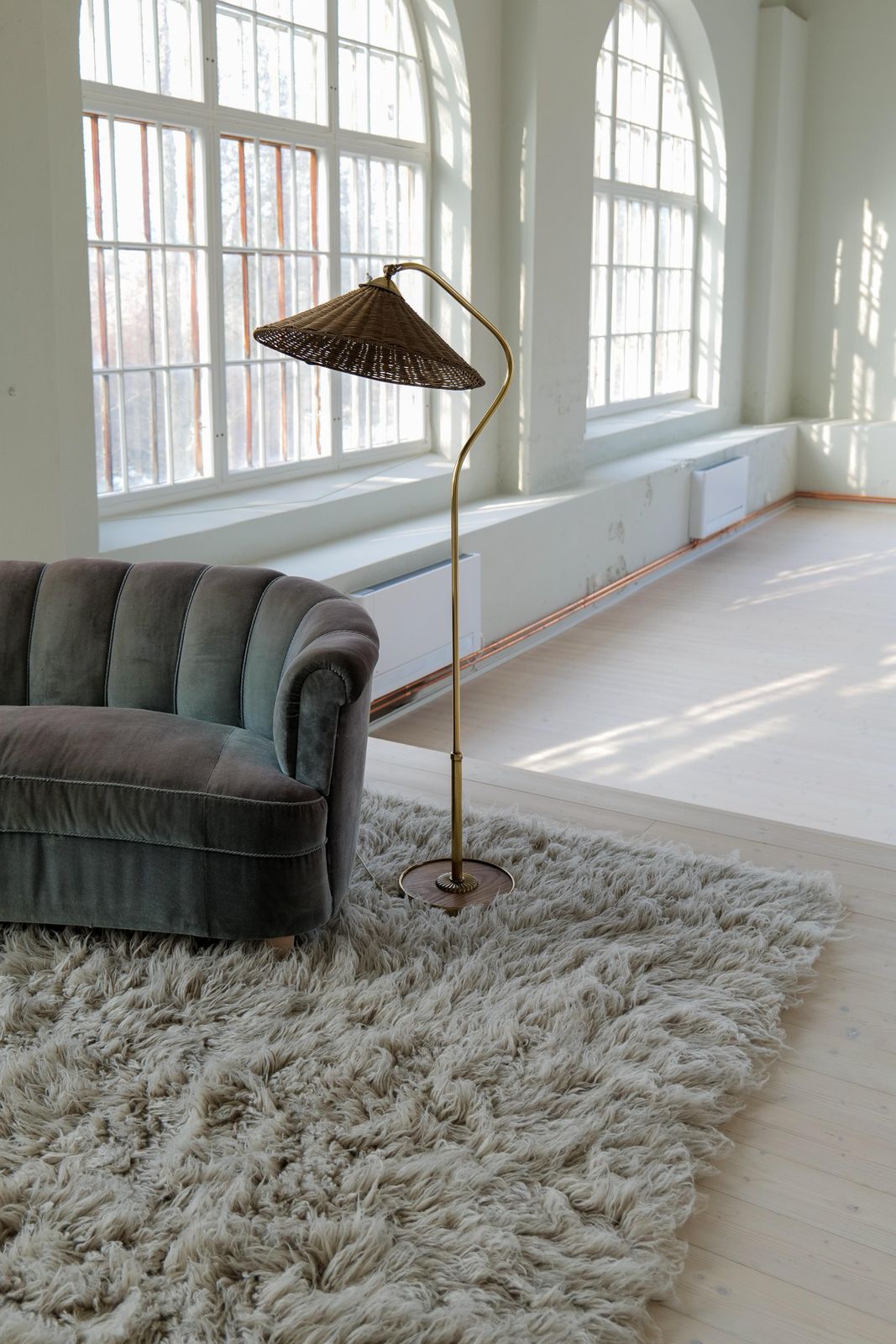 Art Deco Sculptural Brass And Rattan Floor Lamp Sweden 1940s photo for sale