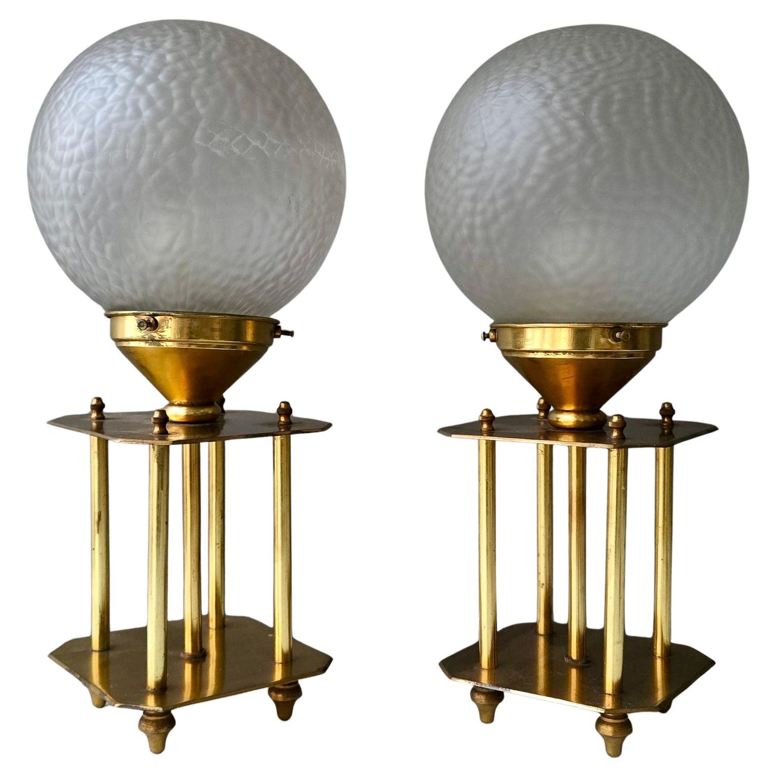 Pair Of 1960s Brass Art Deco Style Table Lamps With Textured Frosted Glass Globe photo Lighting