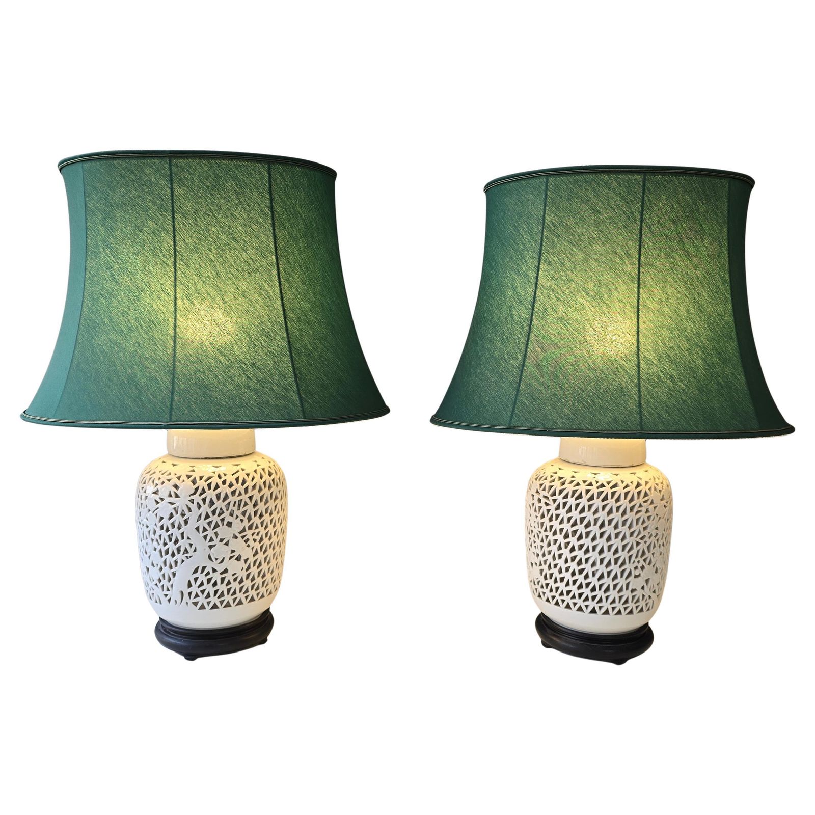 Pair Mid Century Chinese Blanc De Chine Reticulated Porcelain Chinoiserie Lamps