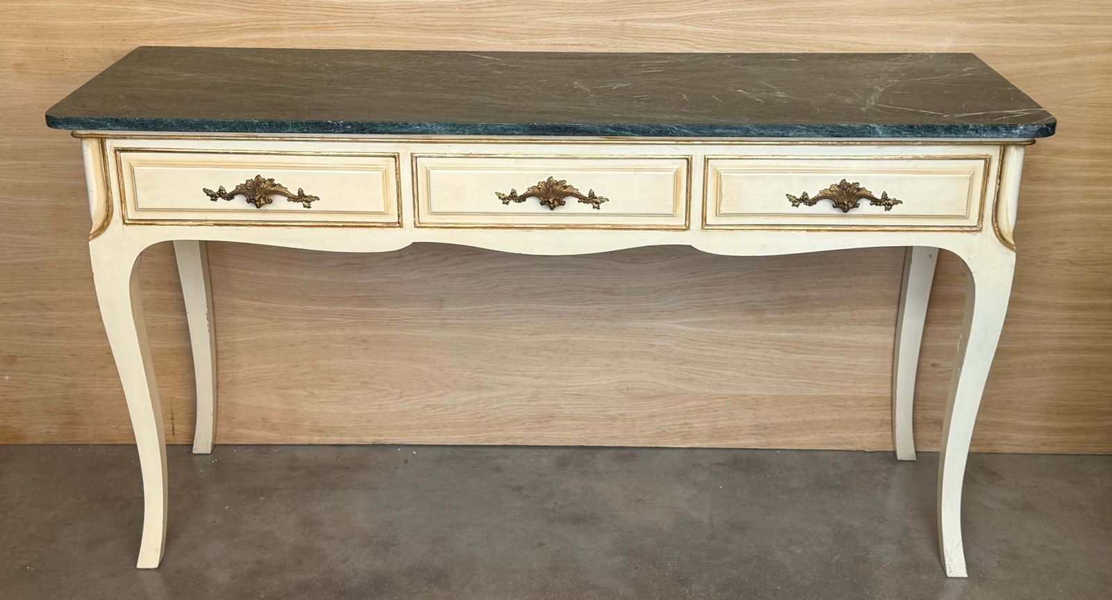 20th Century French White Painted Table Console With Green Marble Top photo for sale