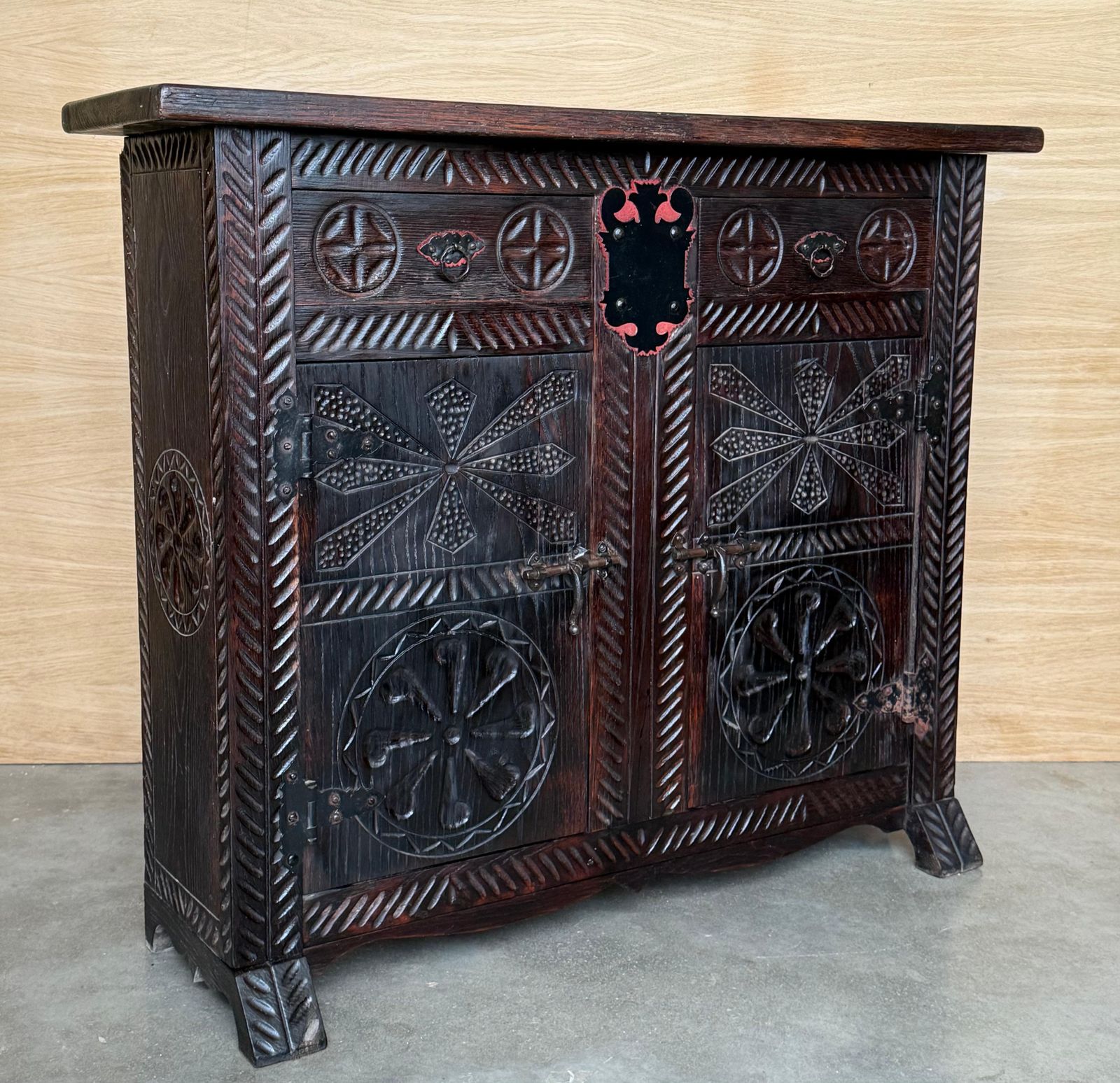 20th Spanish Baroque Carved Walnut Tuscan Two Drawers Credenza Or Buffet photo vinterior