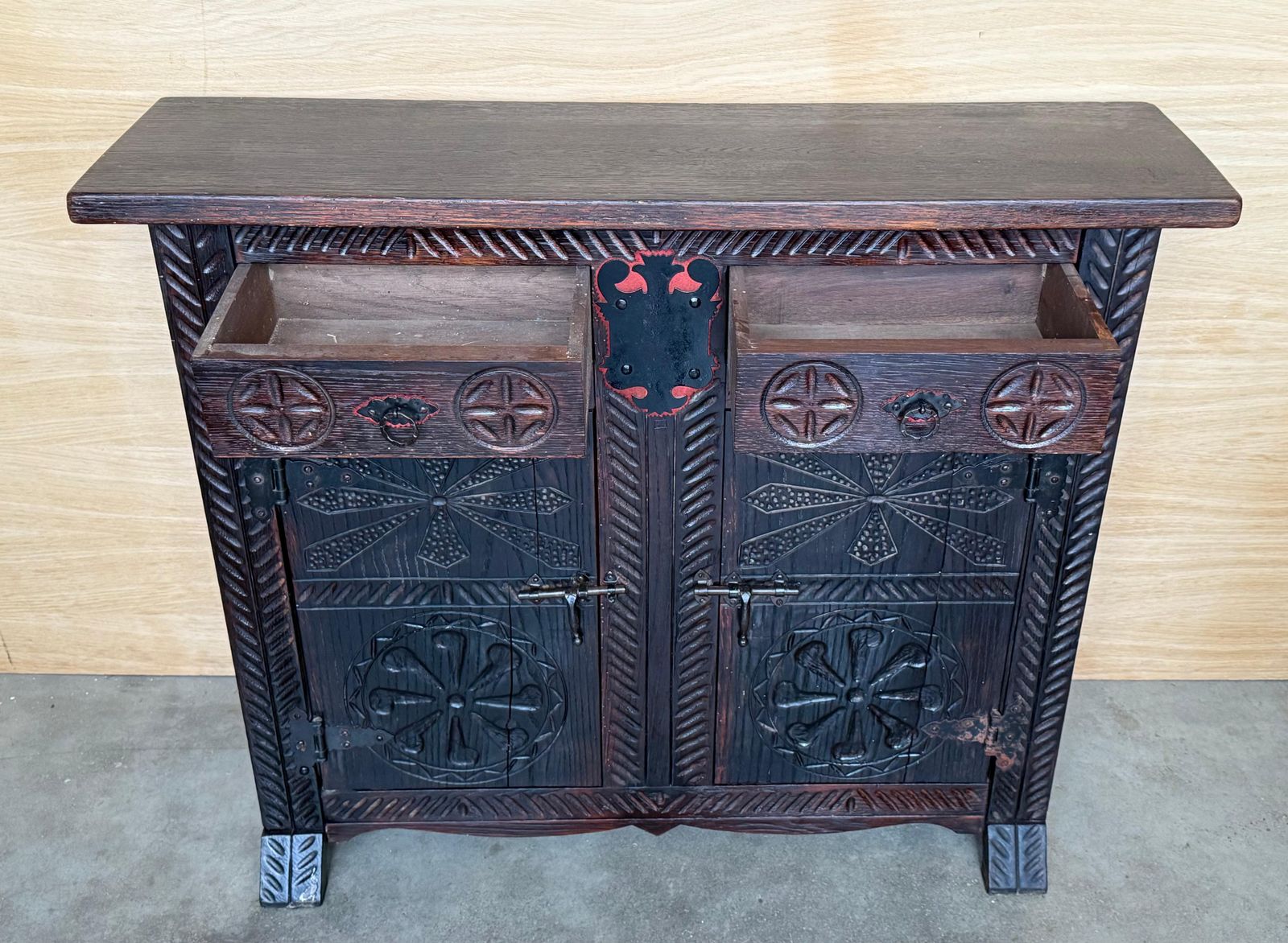 20th Spanish Baroque Carved Walnut Tuscan Two Drawers Credenza Or Buffet photo buy