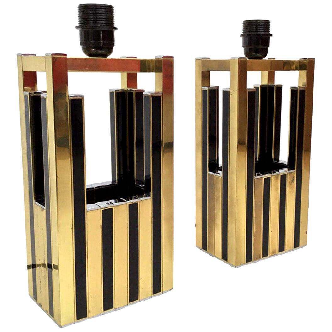Midcentury Gold Brass Black Emanel Pair Of Table Lamps By Bd Lumica, 1970s