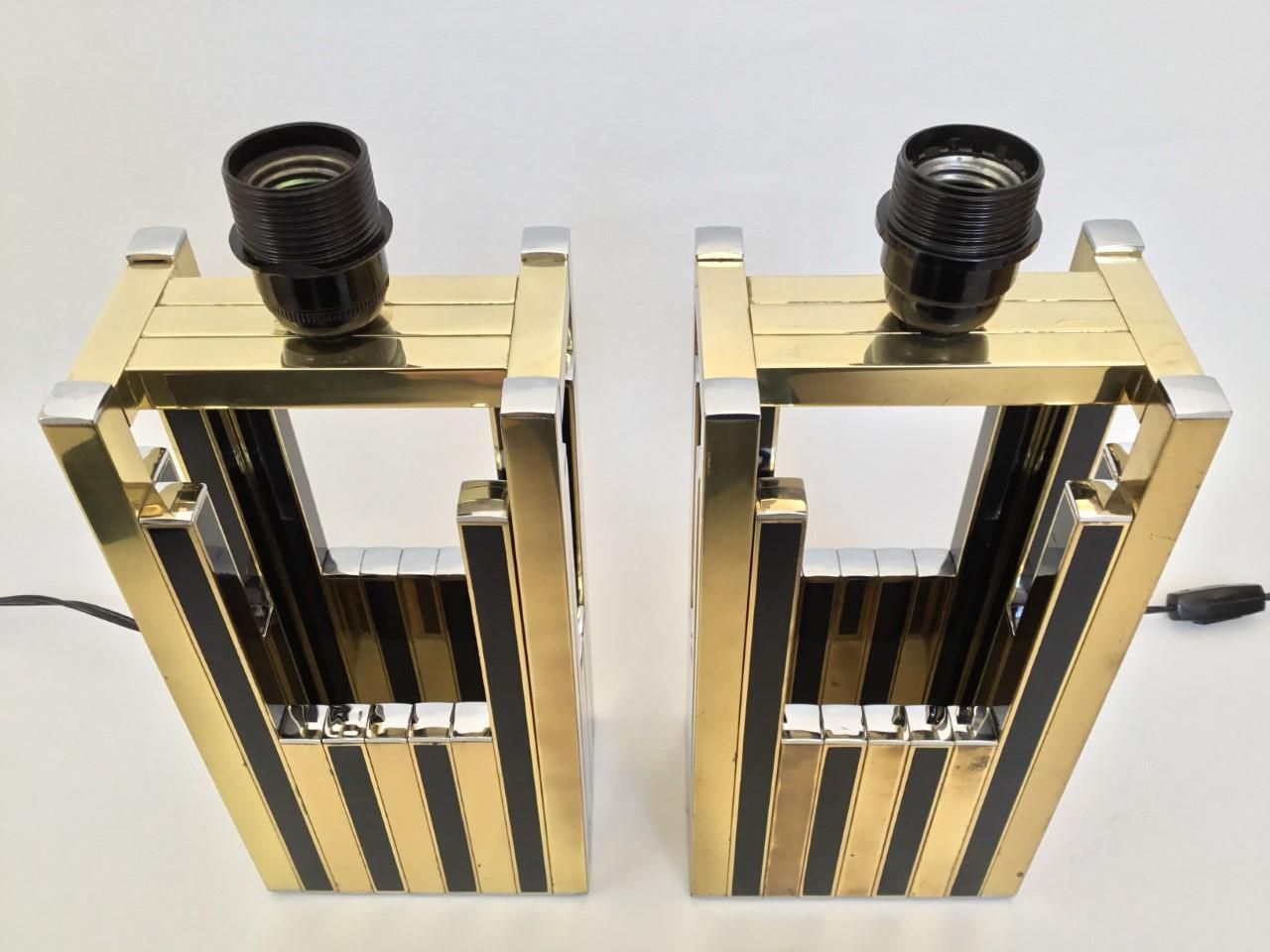Lighting Midcentury Gold Brass Black Emanel Pair Of Table Lamps By Bd Lumica, 1970s photo