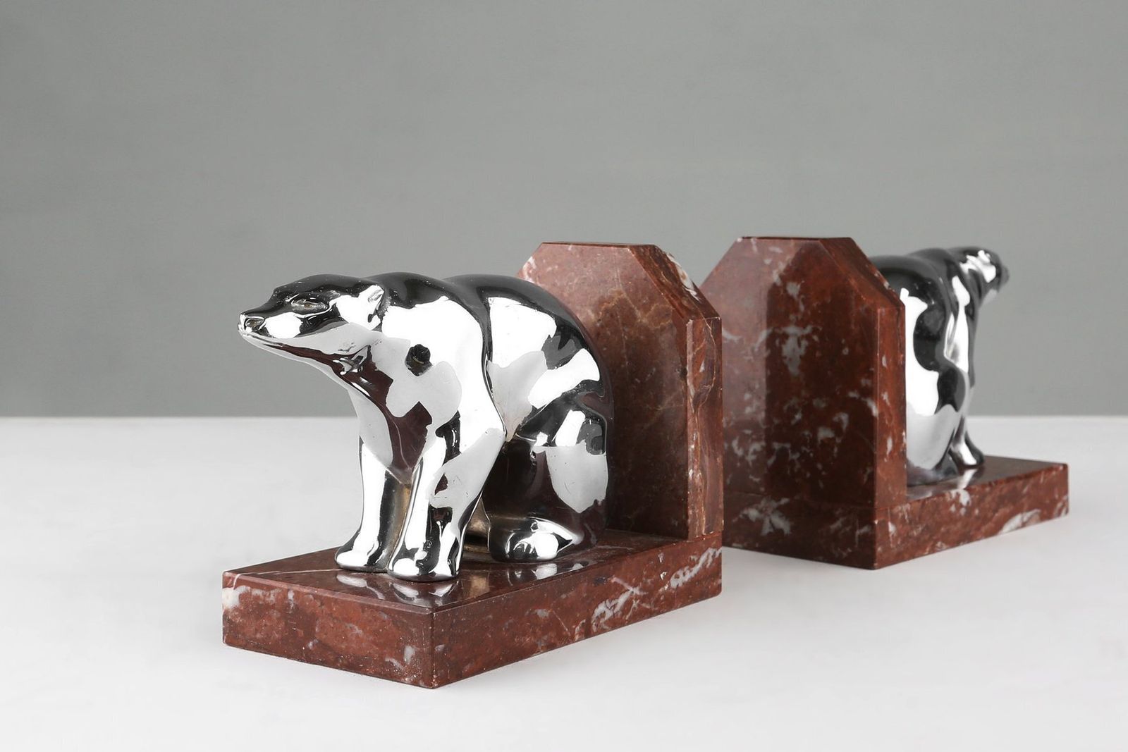 Art Deco Marble And Metal Bear Bookends, France, 1930s, Set Of 2 photo Home Decor